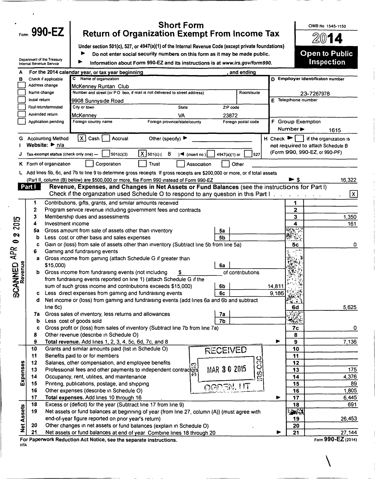 Image of first page of 2014 Form 990EO for Ruritan - Mckenney