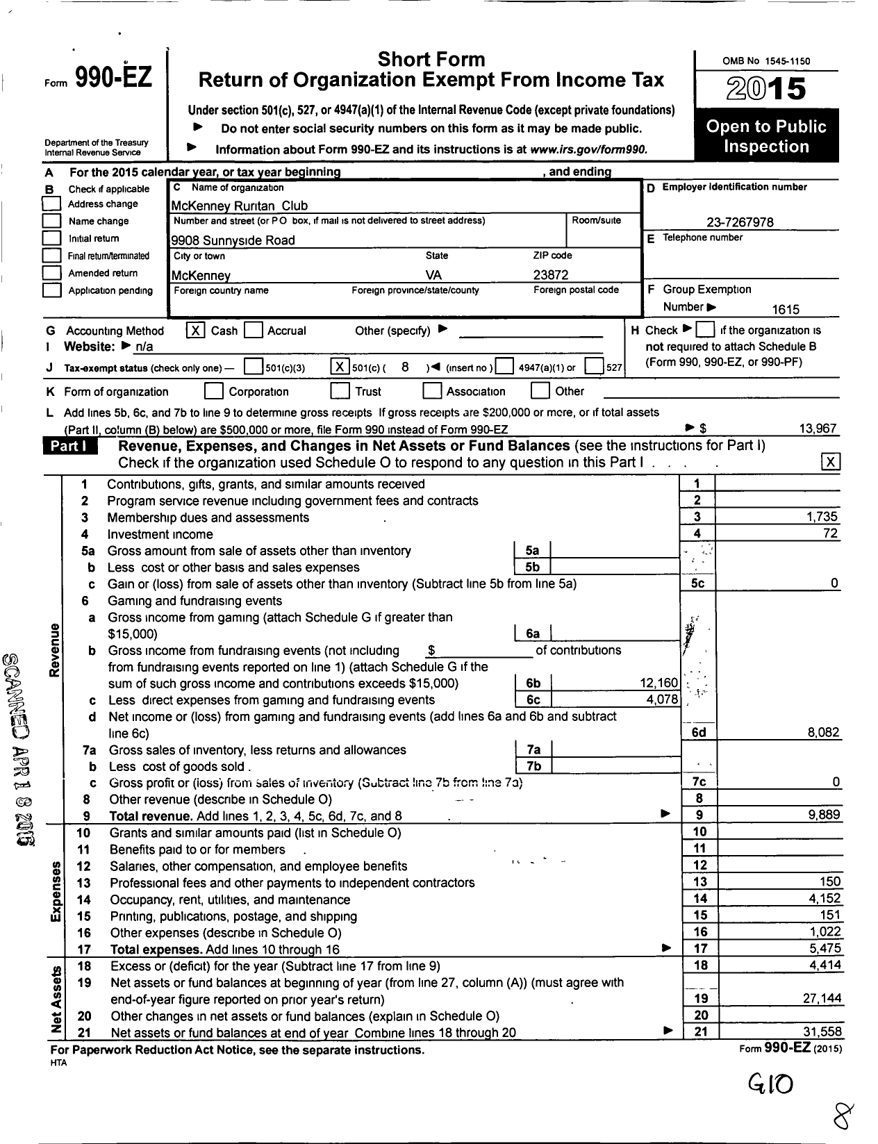 Image of first page of 2015 Form 990EO for Ruritan - Mckenney