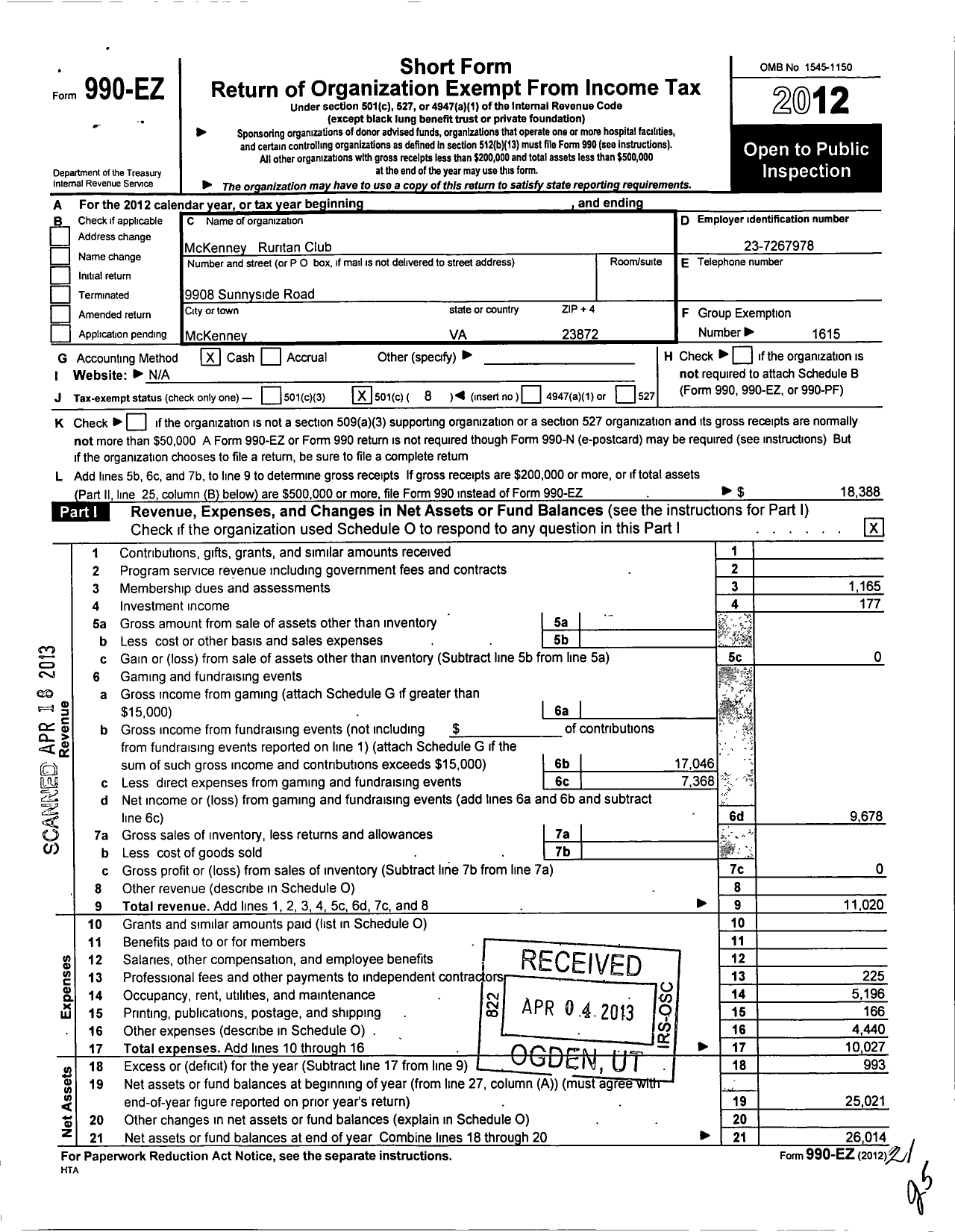 Image of first page of 2012 Form 990EO for Ruritan - Mckenney