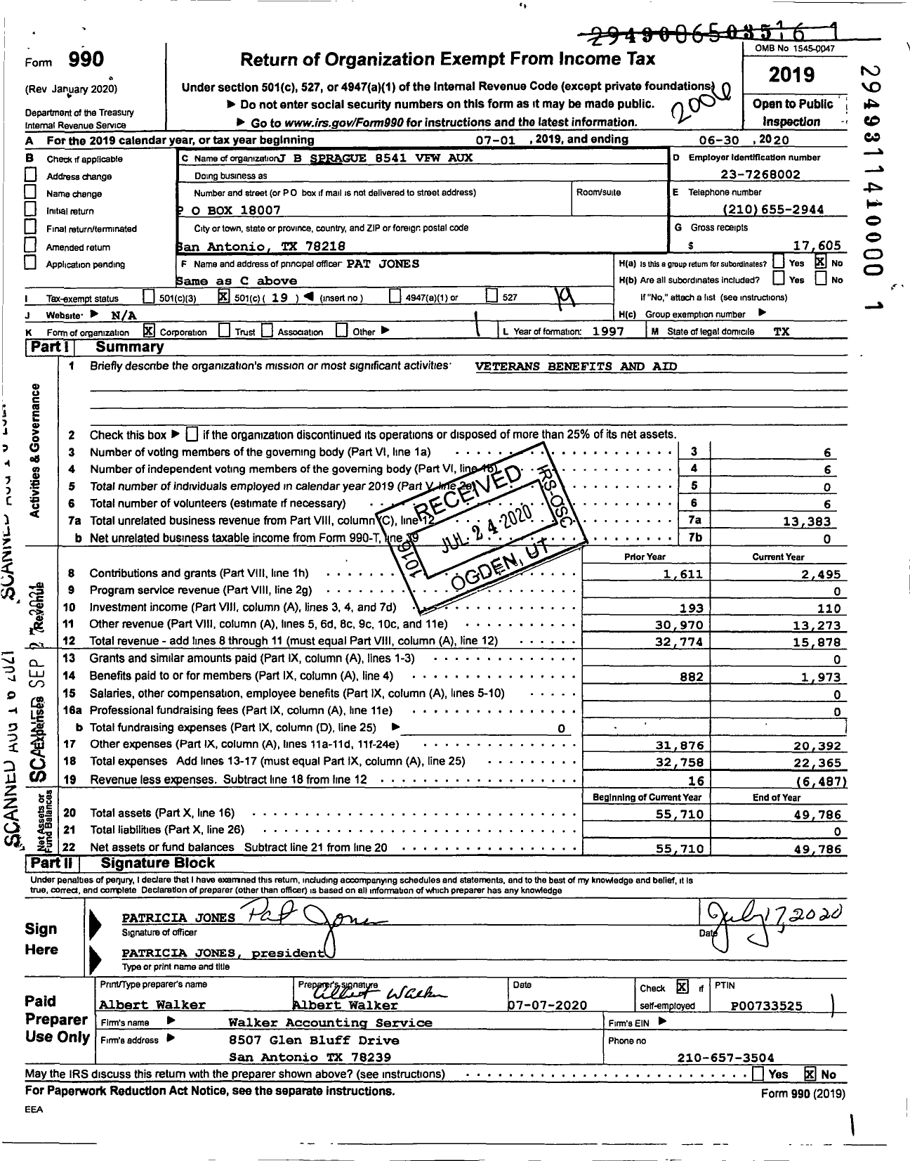 Image of first page of 2019 Form 990O for Veterans of Foreign Wars of the Us Dept of Texas Auxiliary - 8541 James B Sprague Memorial VFW