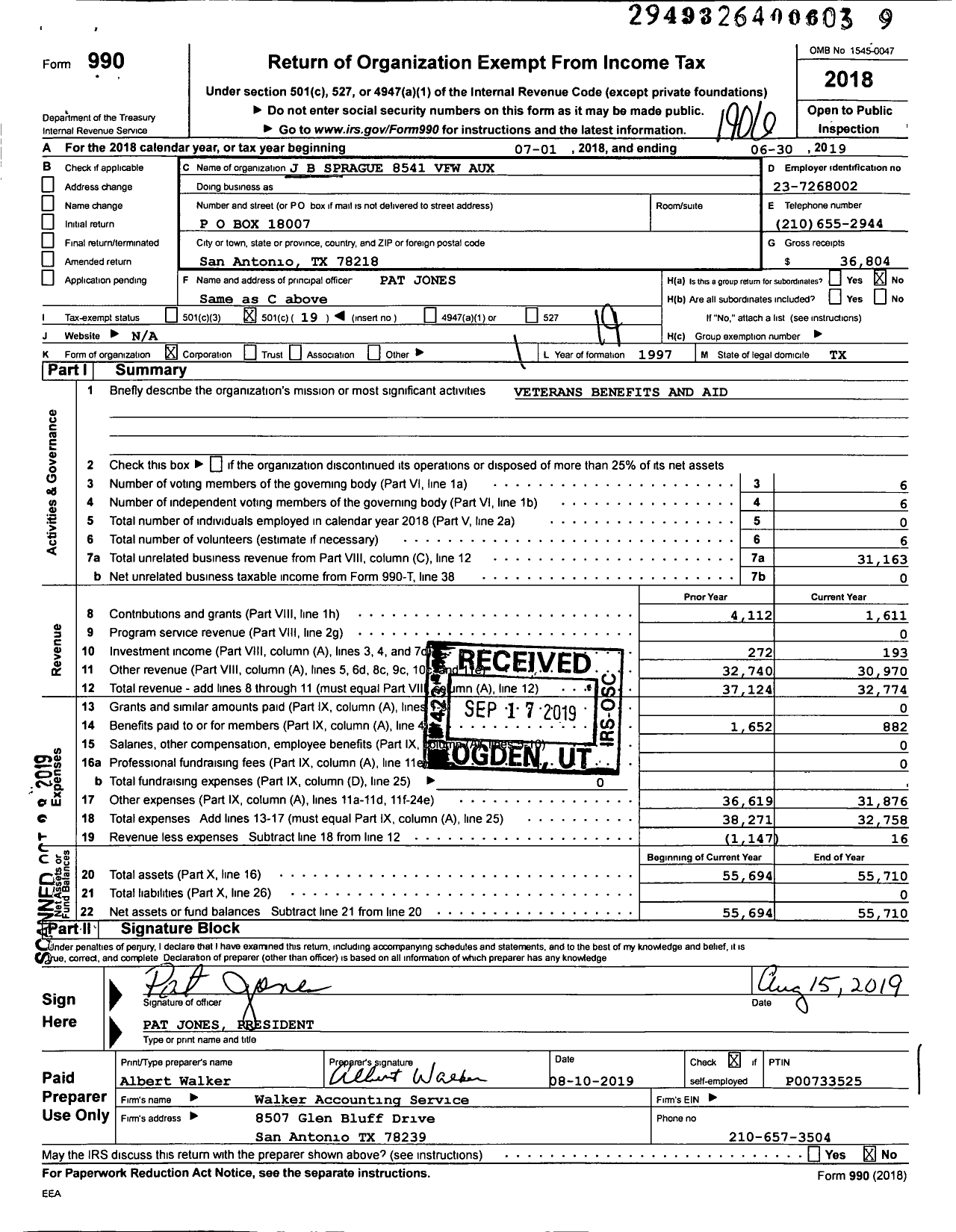 Image of first page of 2018 Form 990O for Veterans of Foreign Wars of the Us Dept of Texas Auxiliary - 8541 James B Sprague Memorial VFW