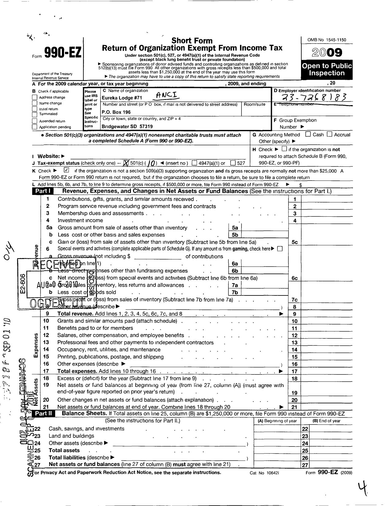 Image of first page of 2009 Form 990EO for Ancient Free and Accepted Masons of South Dakota - 71 Eureka Lodge