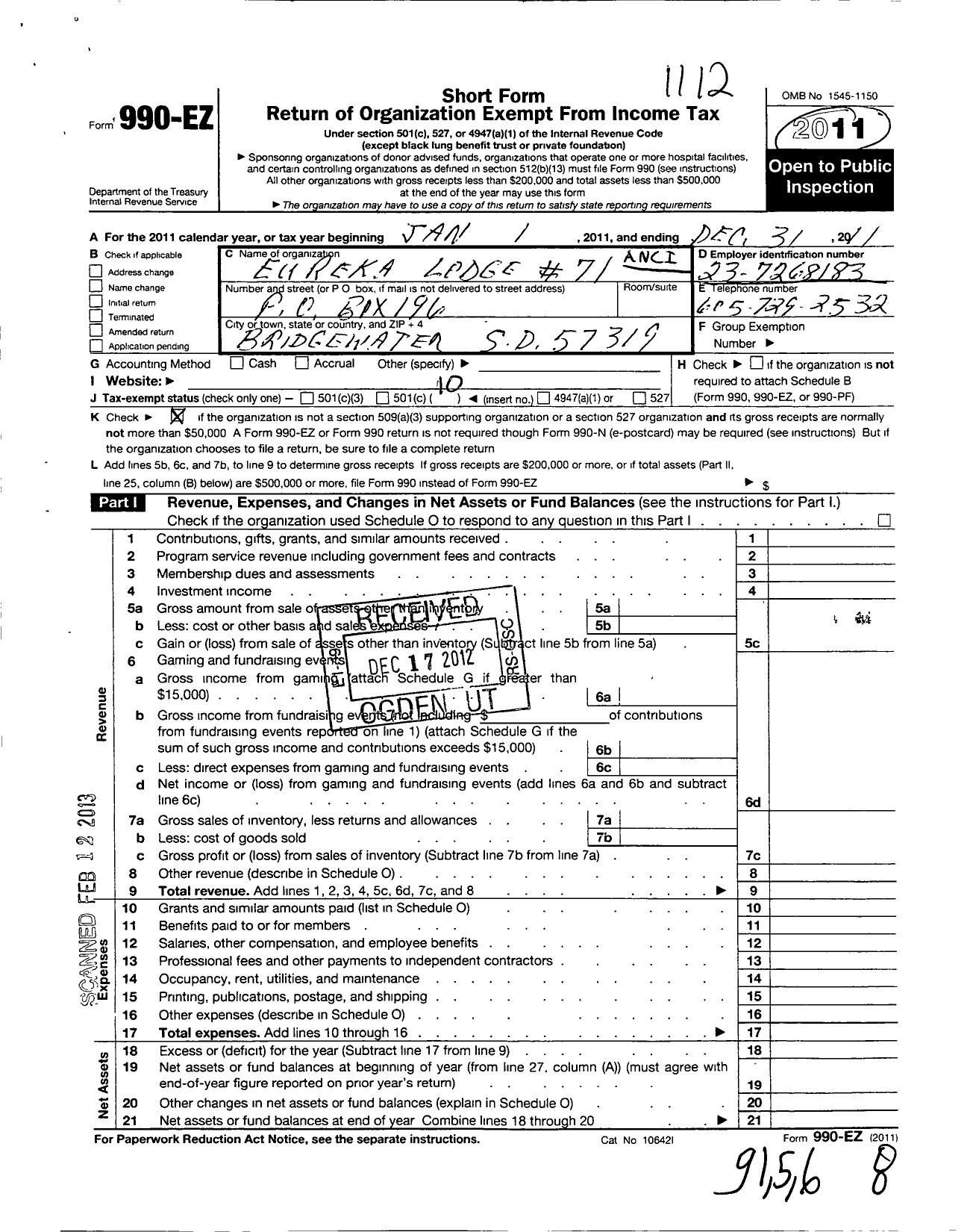 Image of first page of 2011 Form 990EO for Ancient Free and Accepted Masons of South Dakota - 71 Eureka Lodge