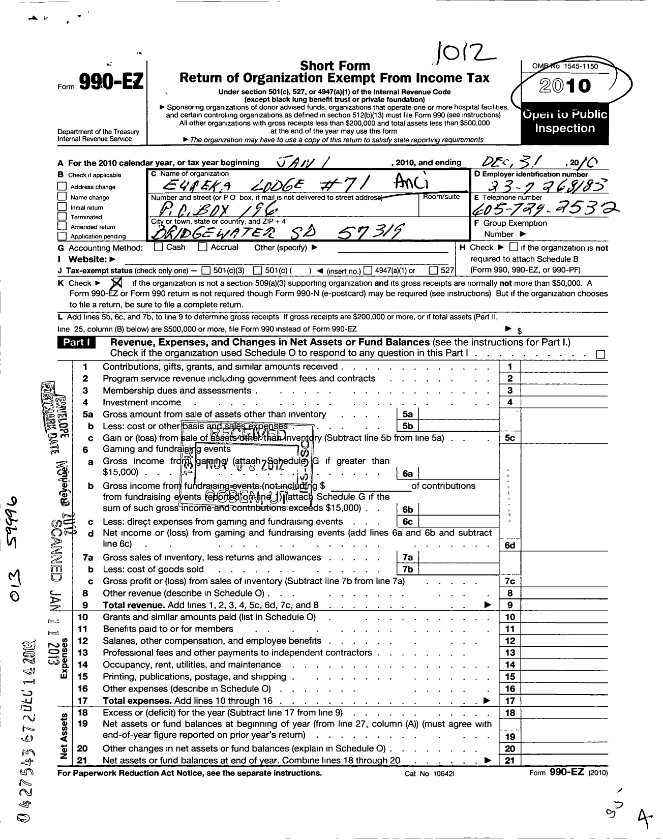 Image of first page of 2010 Form 990EO for Ancient Free and Accepted Masons of South Dakota - 71 Eureka Lodge