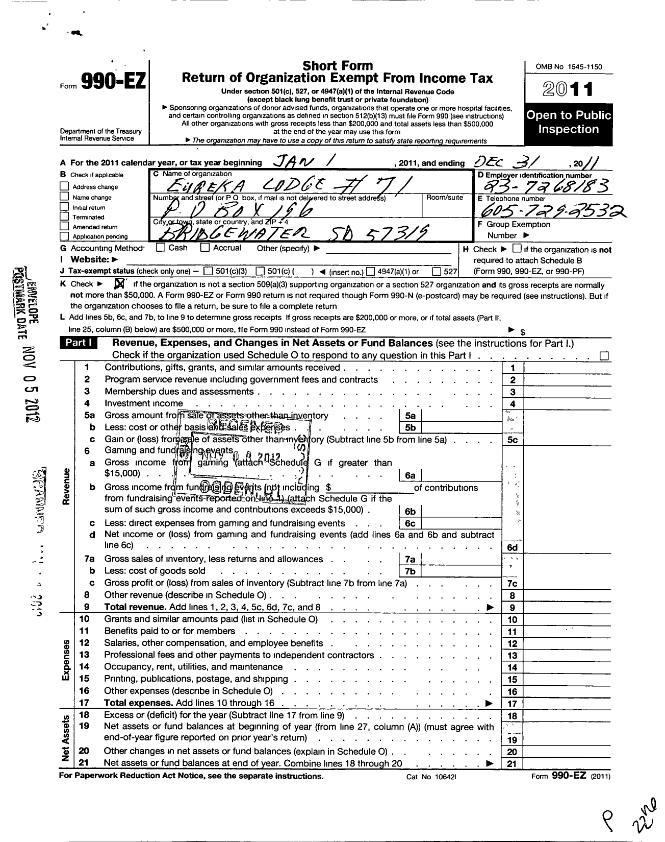 Image of first page of 2011 Form 990EO for Ancient Free and Accepted Masons of South Dakota - 71 Eureka Lodge