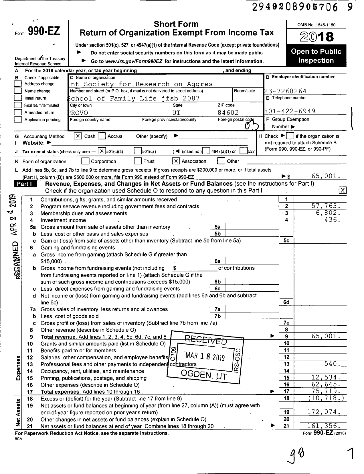 Image of first page of 2018 Form 990EZ for International Society for Reaearch on Aggression