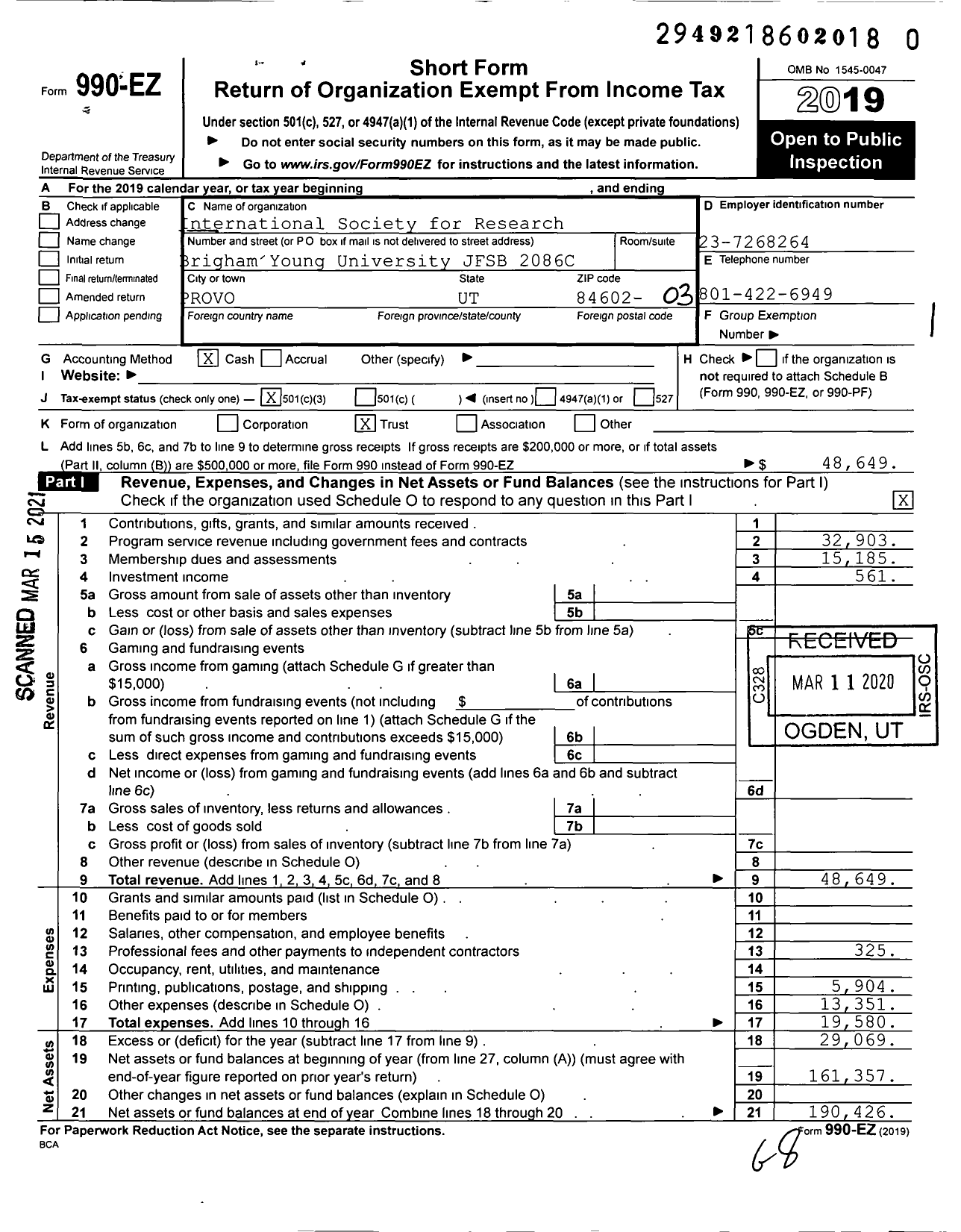 Image of first page of 2019 Form 990EZ for International Society for Reaearch on Aggression