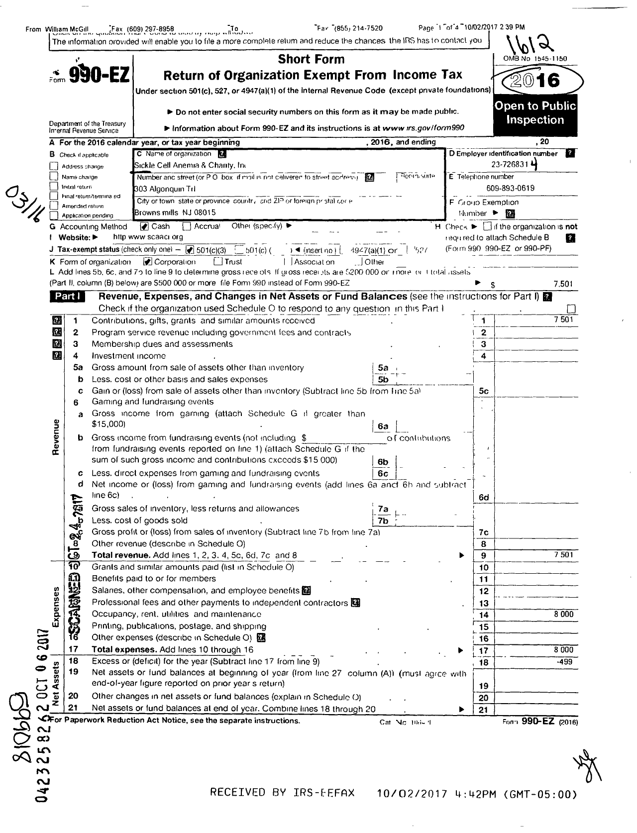 Image of first page of 2016 Form 990EZ for Delaware Valley Sickle Cell Anemia