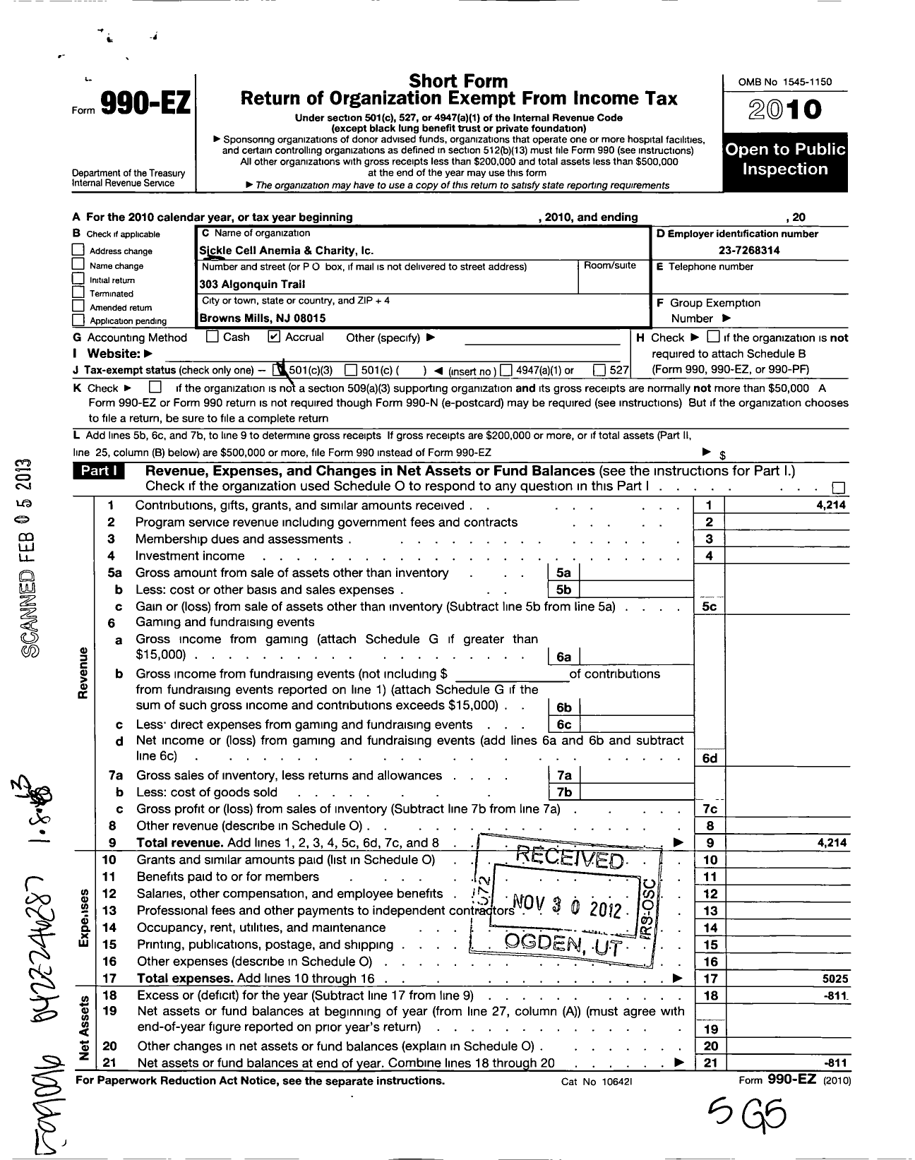 Image of first page of 2010 Form 990EZ for Delaware Valley Sickle Cell Anemia