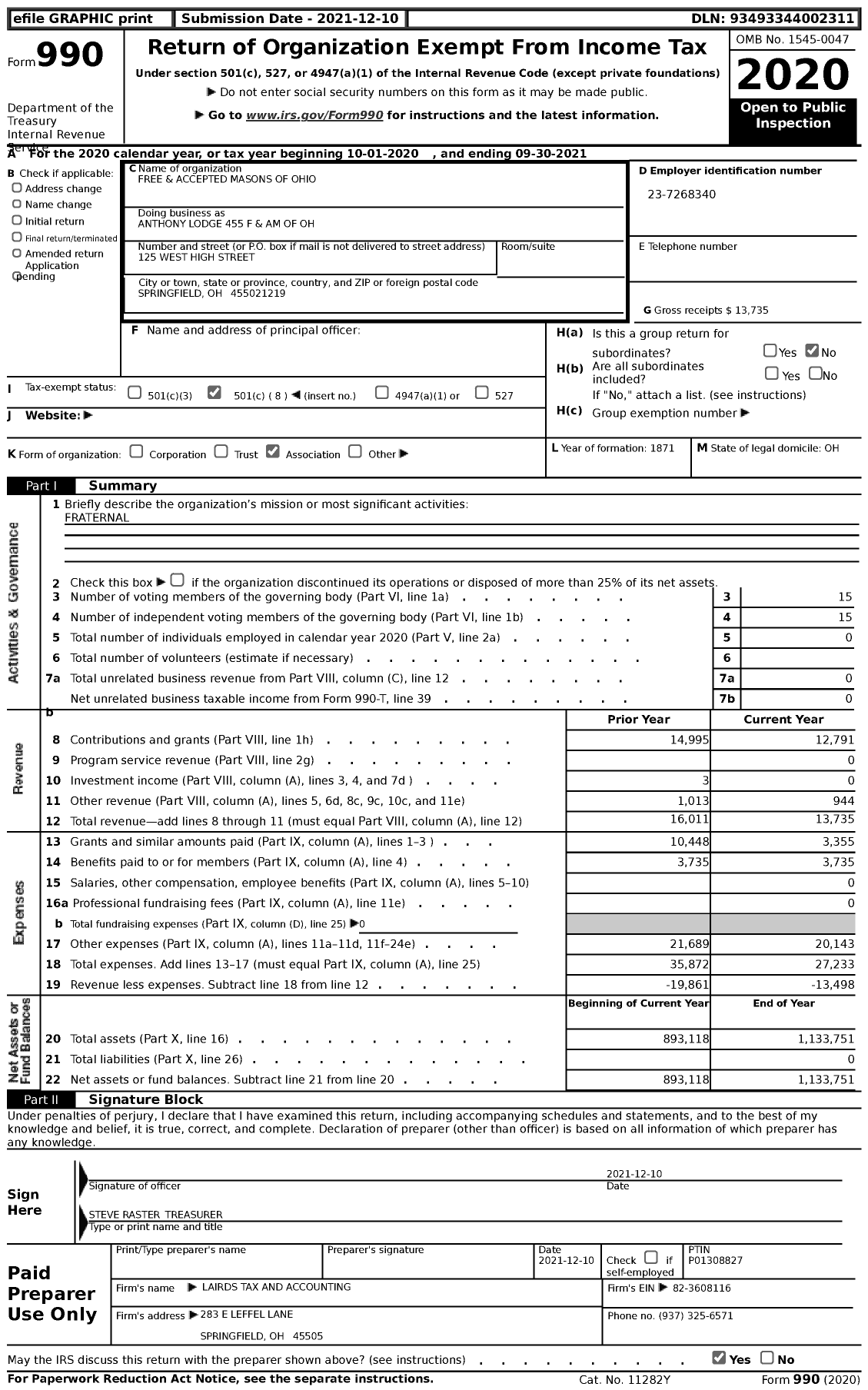 Image of first page of 2020 Form 990 for Free & Accepted Masons of Ohio - Anthony Lodge 455 F & Am of Oh