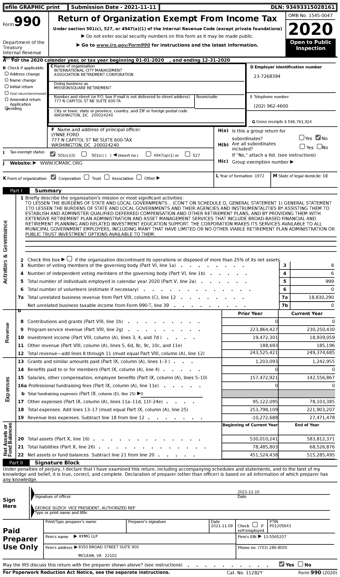 Image of first page of 2020 Form 990 for Missionsquare Retirement
