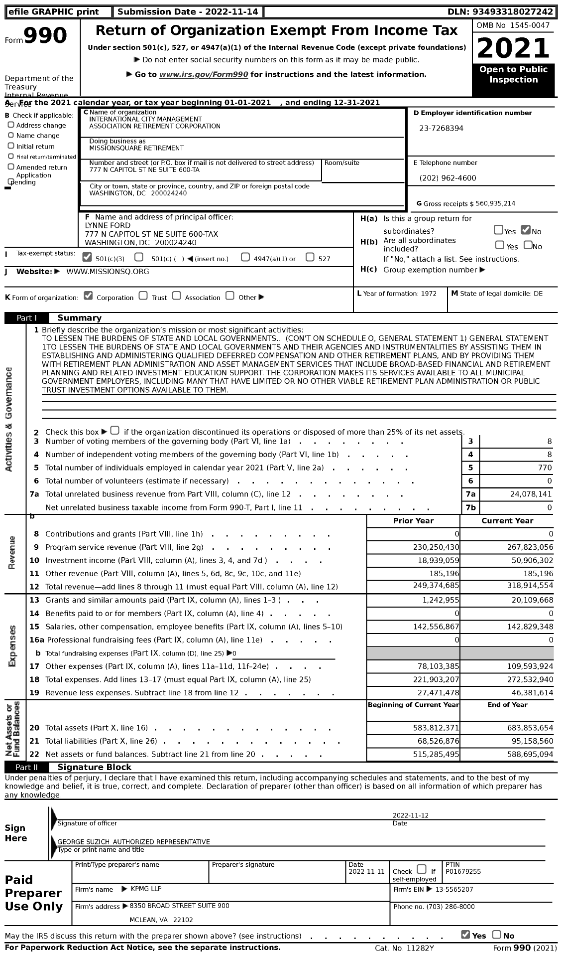 Image of first page of 2021 Form 990 for Missionsquare Retirement