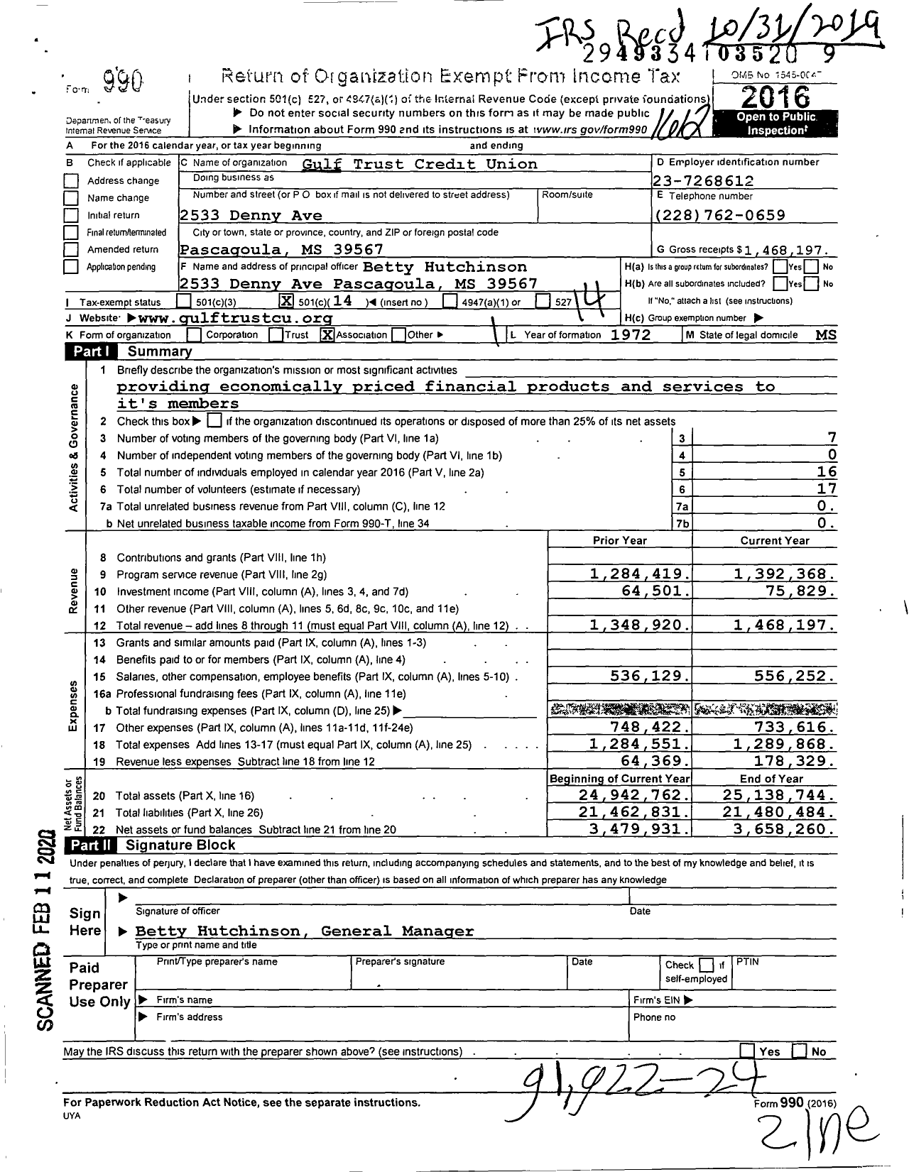Image of first page of 2016 Form 990O for Gulf Trust Credit Union