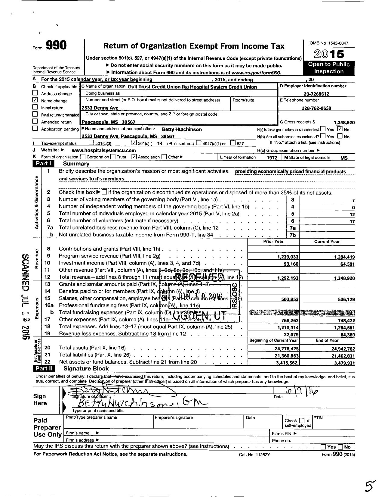 Image of first page of 2015 Form 990O for Gulf Trust Credit Union