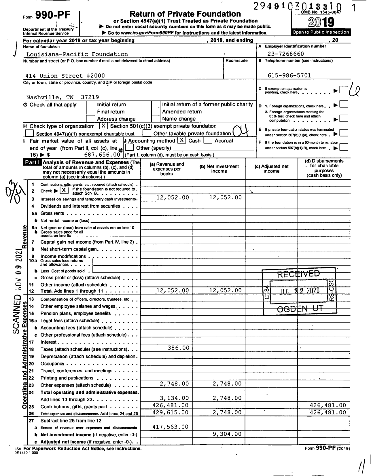 Image of first page of 2019 Form 990PF for Louisiana-Pacific Foundation