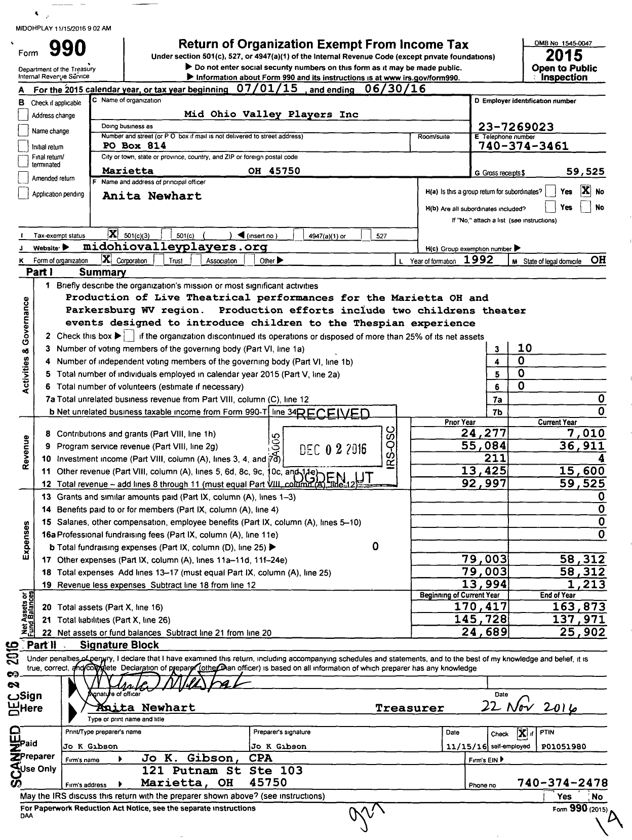 Image of first page of 2015 Form 990 for Mid-Ohio Valley Players