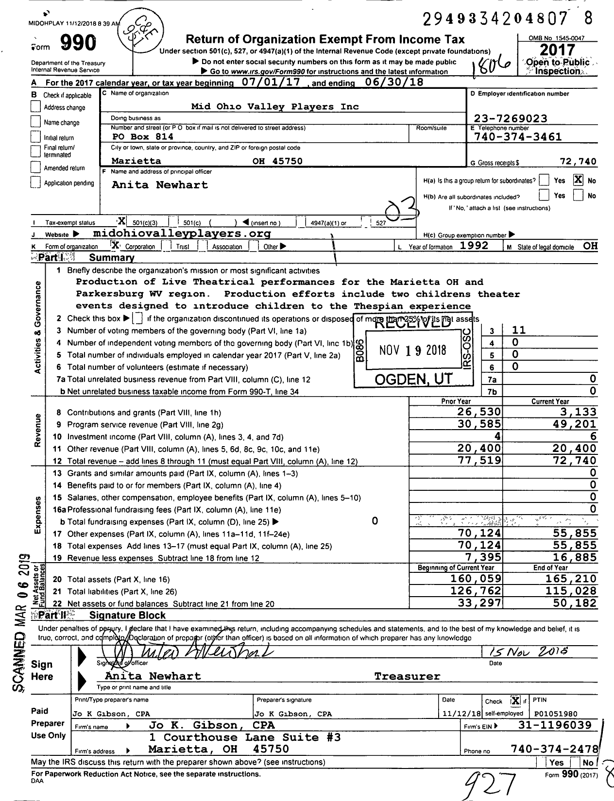 Image of first page of 2017 Form 990 for Mid-Ohio Valley Players