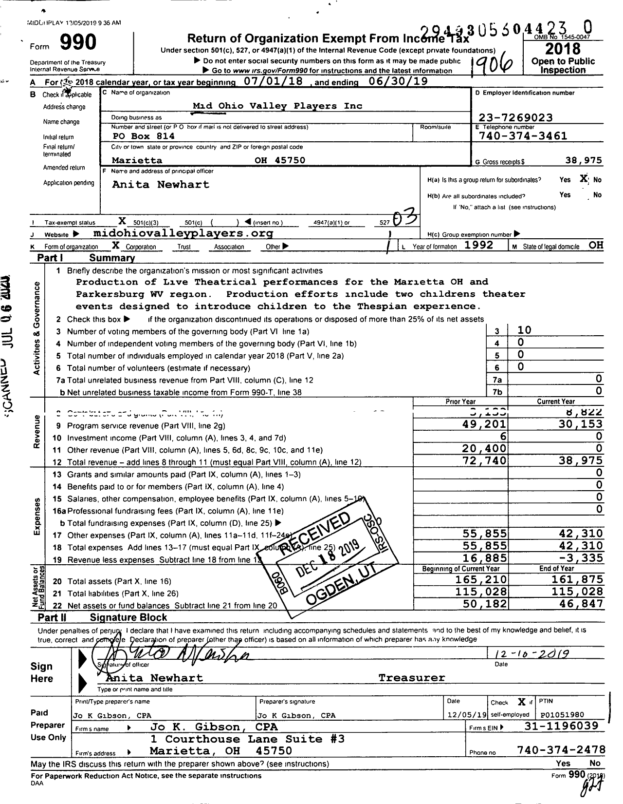 Image of first page of 2018 Form 990 for Mid-Ohio Valley Players