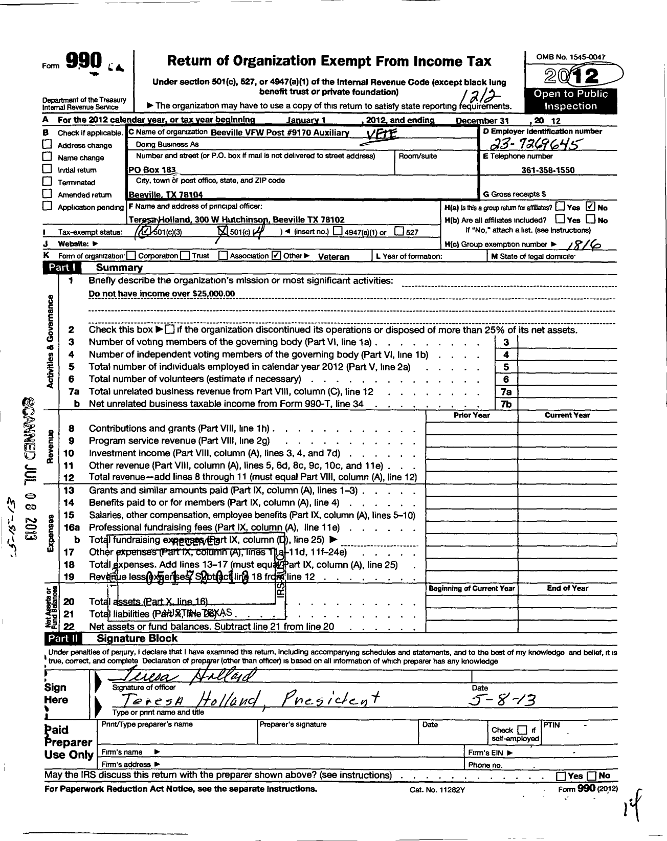 Image of first page of 2012 Form 990O for Veterans of Foreign Wars of the Us Dept of Texas Auxiliary - 9170 Beeville VFW Auxiliary