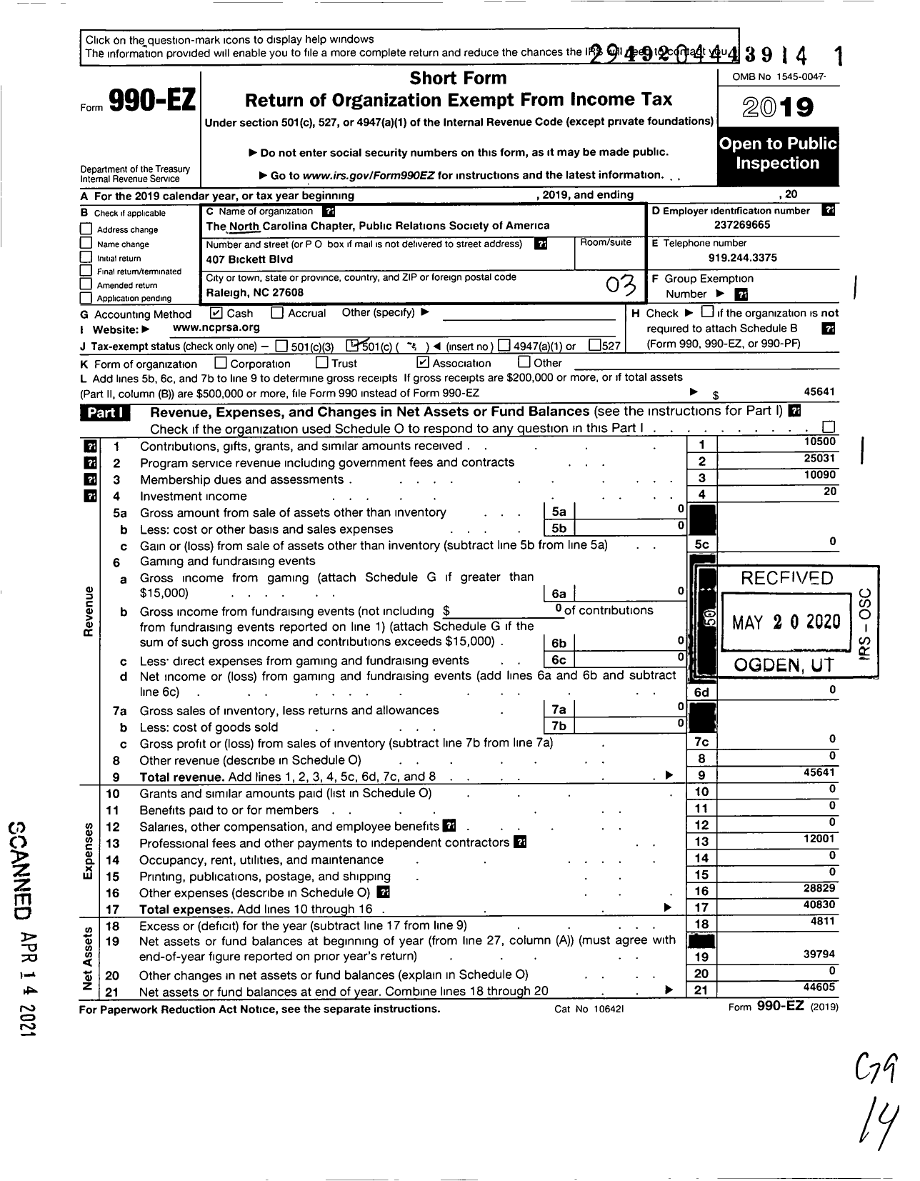 Image of first page of 2019 Form 990EZ for Public Relations Society of America / North Carolina Chapter