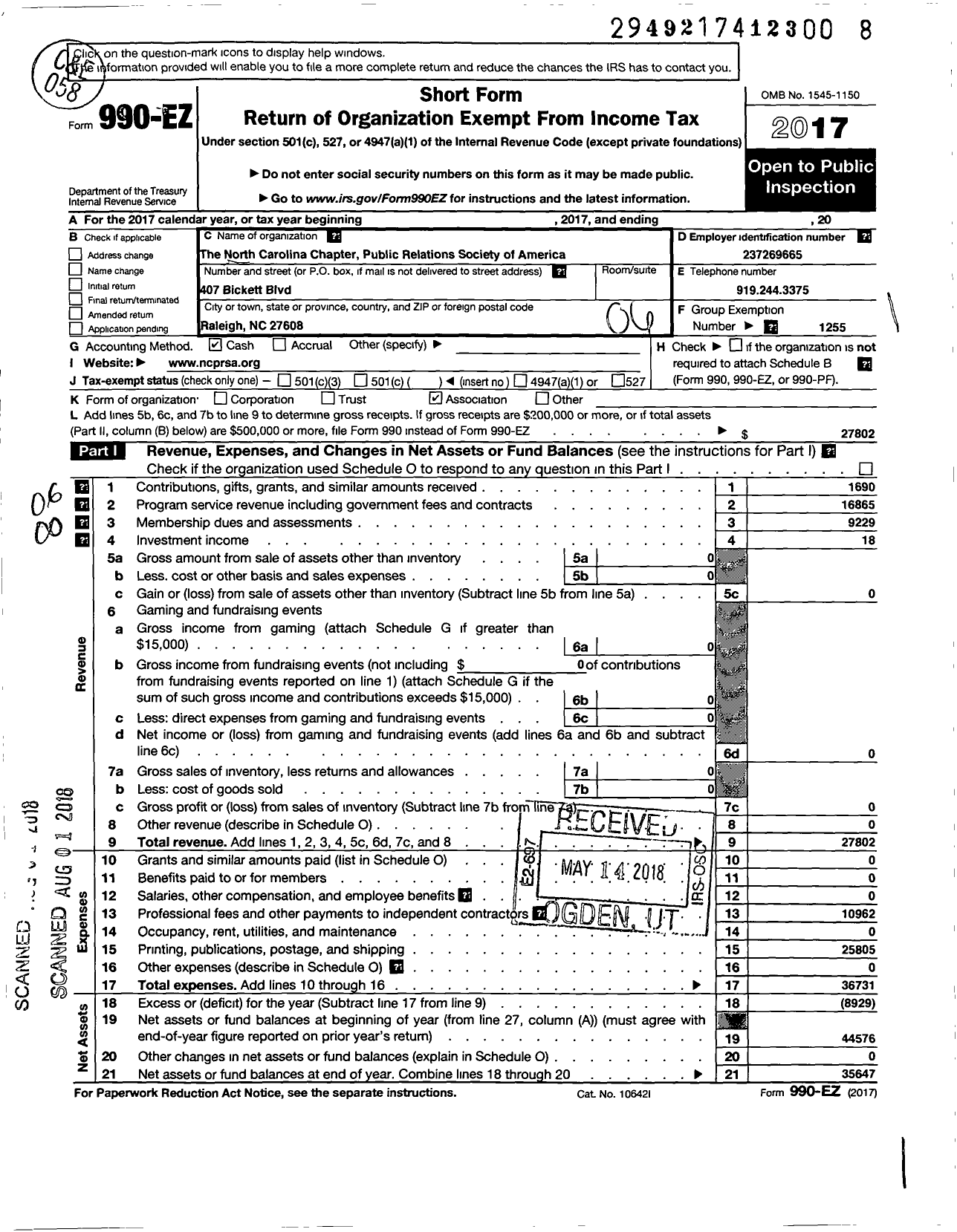 Image of first page of 2017 Form 990EO for Public Relations Society of America / North Carolina Chapter