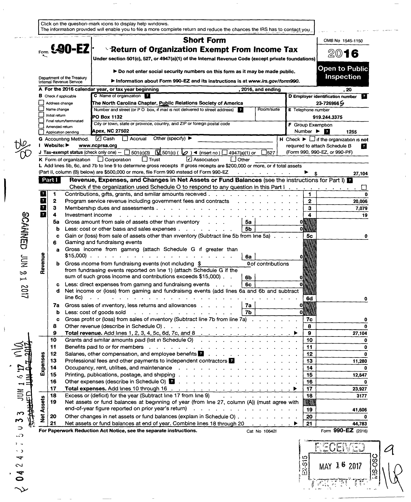 Image of first page of 2016 Form 990EO for Public Relations Society of America / North Carolina Chapter