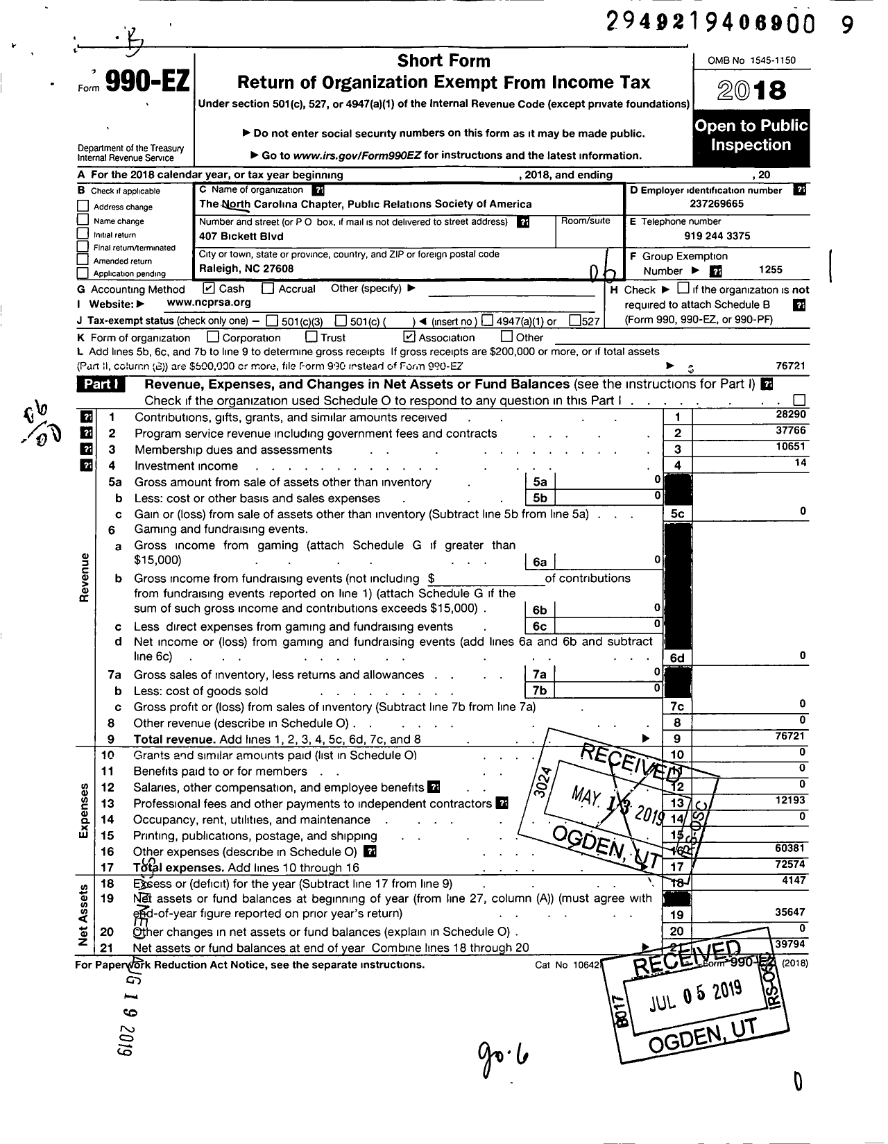 Image of first page of 2018 Form 990EO for Public Relations Society of America / North Carolina Chapter