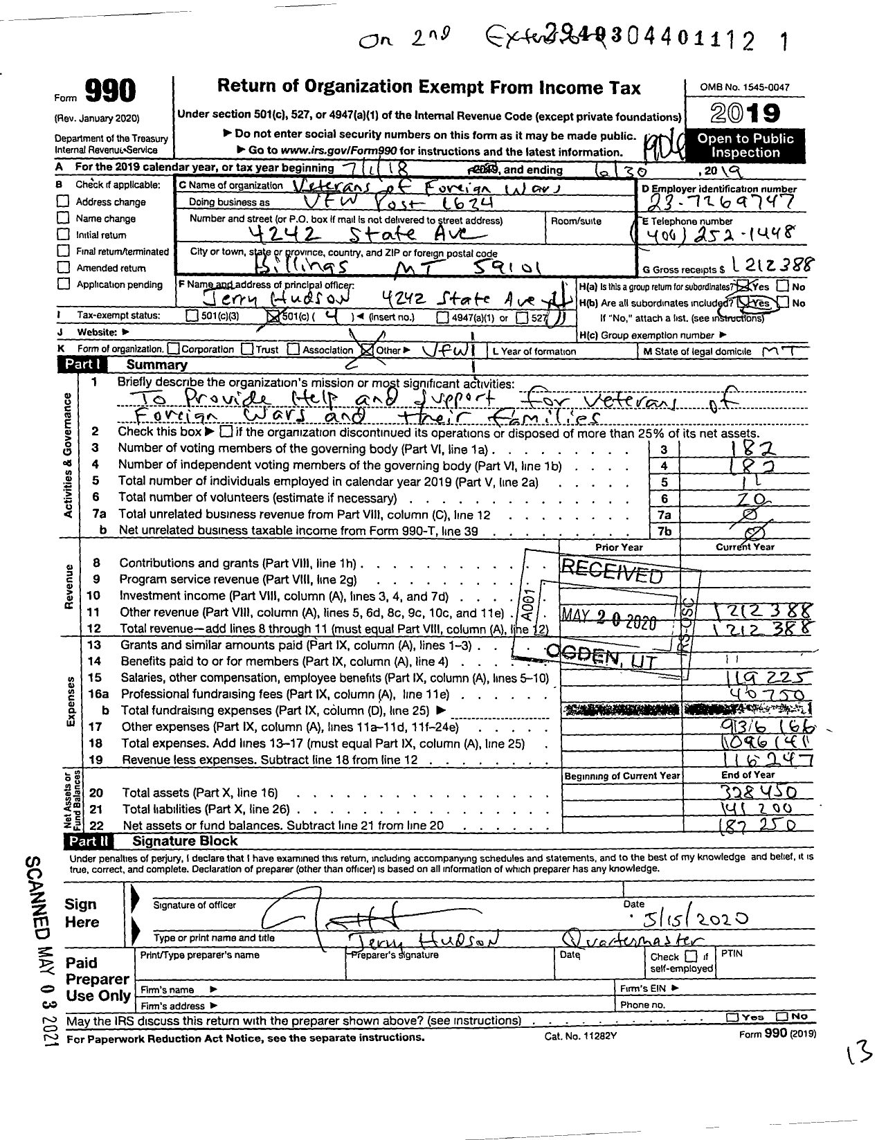 Image of first page of 2018 Form 990O for VFW Post 1634 - VFW Post 1634