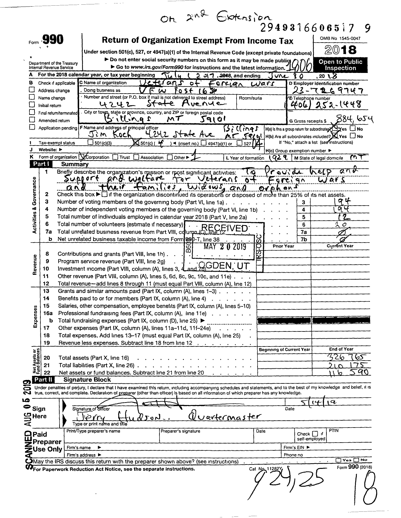 Image of first page of 2017 Form 990O for VFW Post 1634 - VFW Post 1634