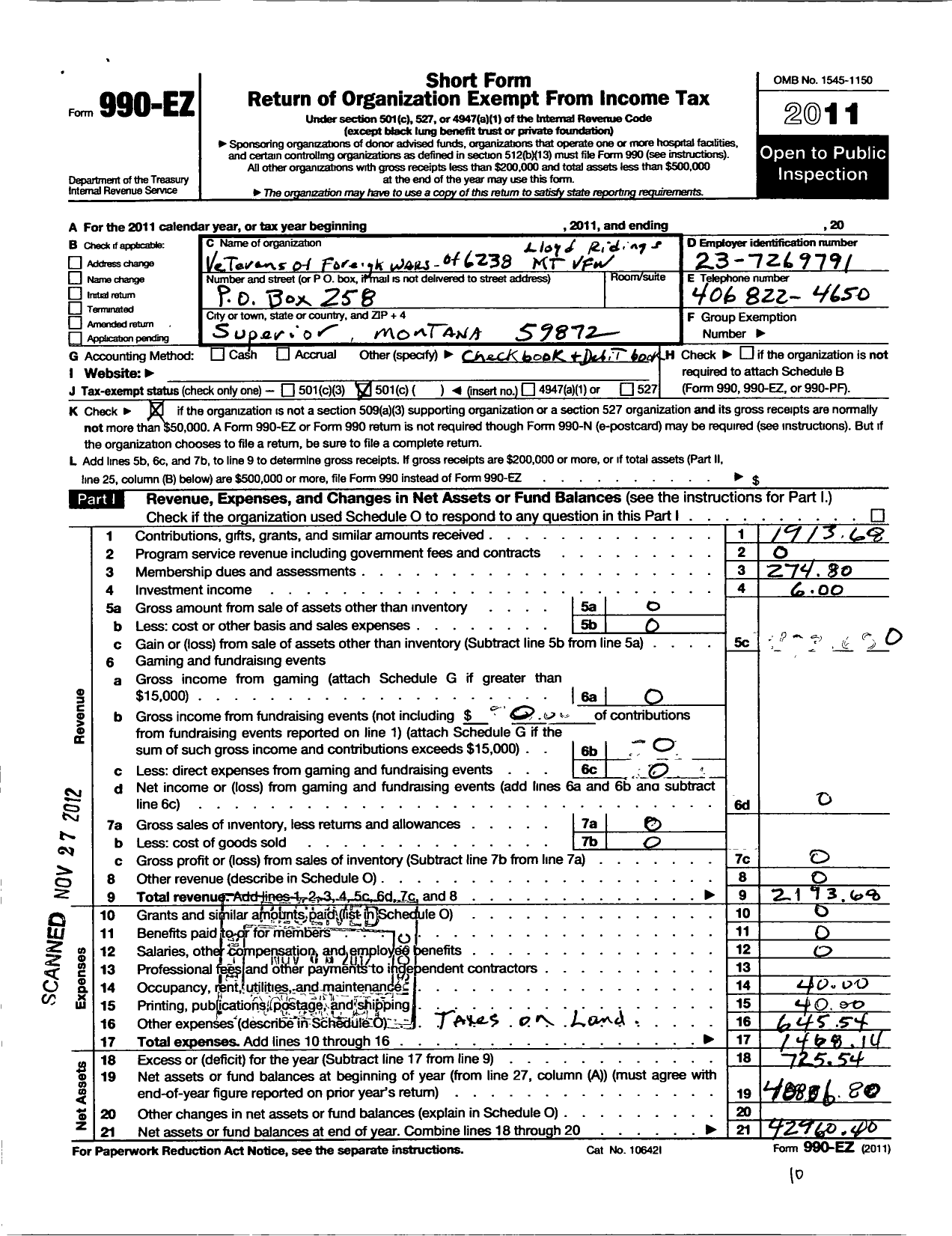 Image of first page of 2011 Form 990EO for Department of Montana Veterans of Foreign Wars of the United States - 6238 Lloyd Ridings Post VFW-MT