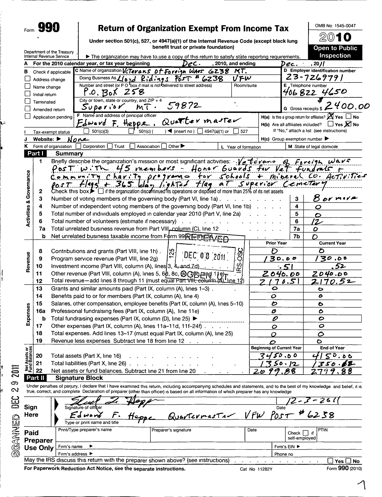 Image of first page of 2011 Form 990O for Department of Montana Veterans of Foreign Wars of the United States - 6238 Lloyd Ridings Post VFW-MT