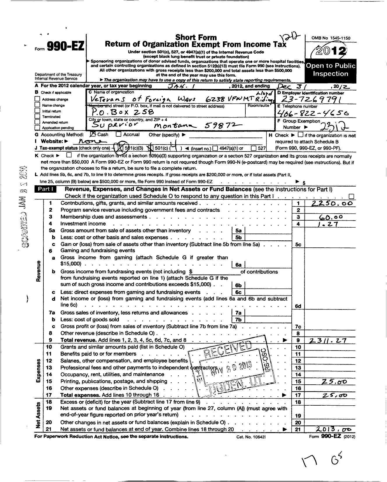 Image of first page of 2012 Form 990EO for Department of Montana Veterans of Foreign Wars of the United States - 6238 Lloyd Ridings Post VFW-MT