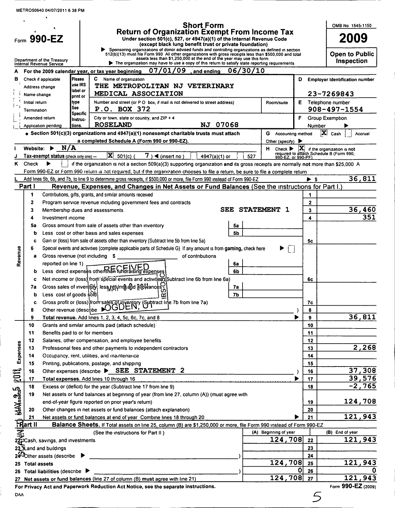 Image of first page of 2009 Form 990EO for New Jersey Veterinary Medical Association / Metropolitian Madison Animal Hosp