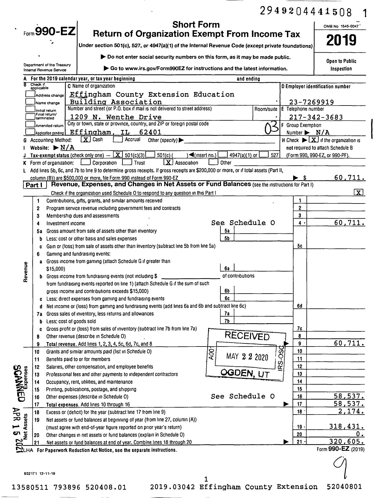 Image of first page of 2019 Form 990EZ for Effingham County Extension Education Building Association