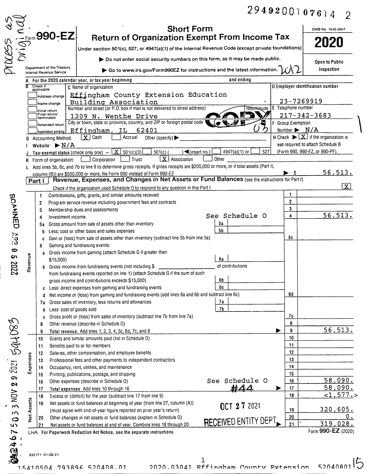 Image of first page of 2020 Form 990EZ for Effingham County Extension Education Building Association