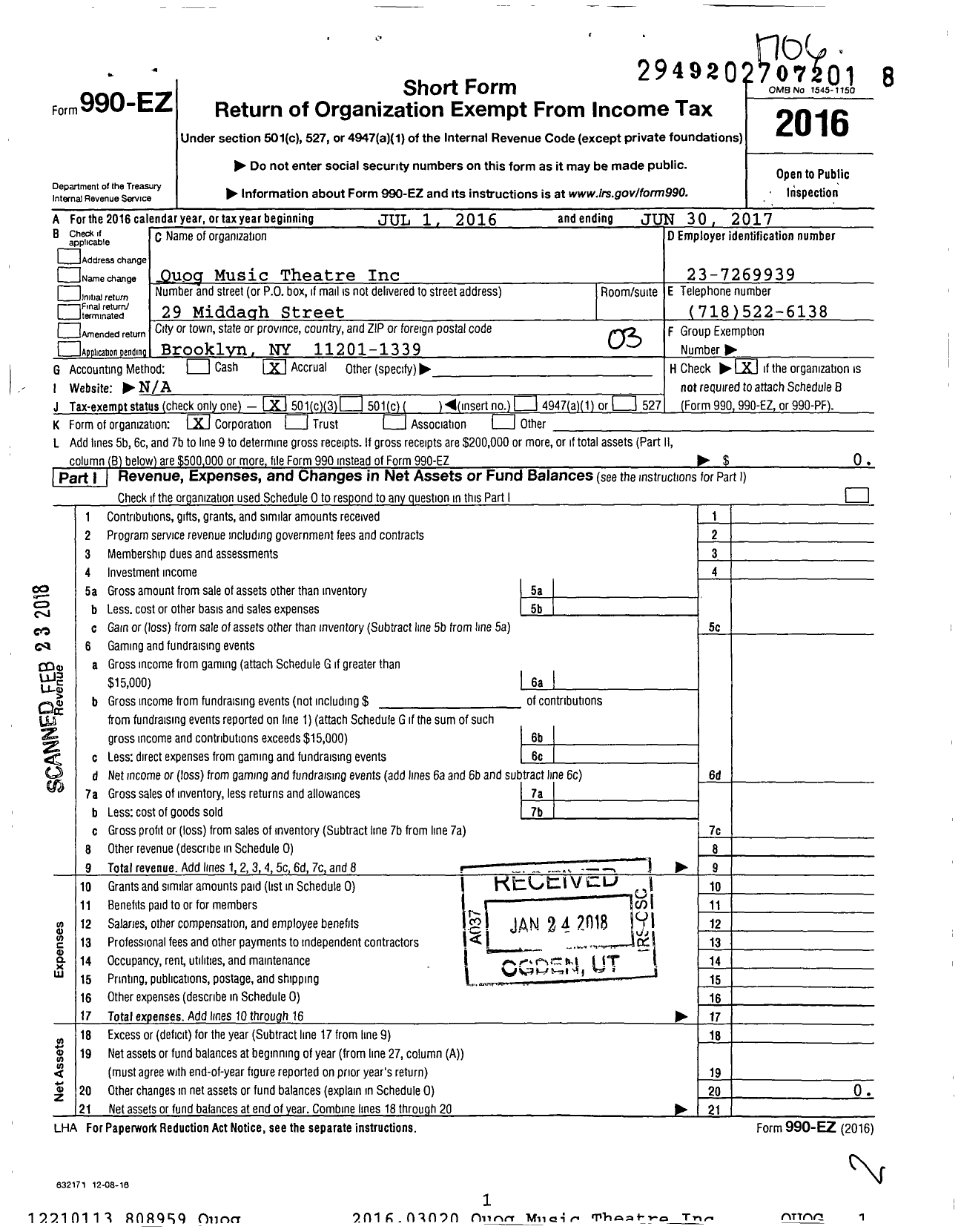 Image of first page of 2016 Form 990EZ for Quog