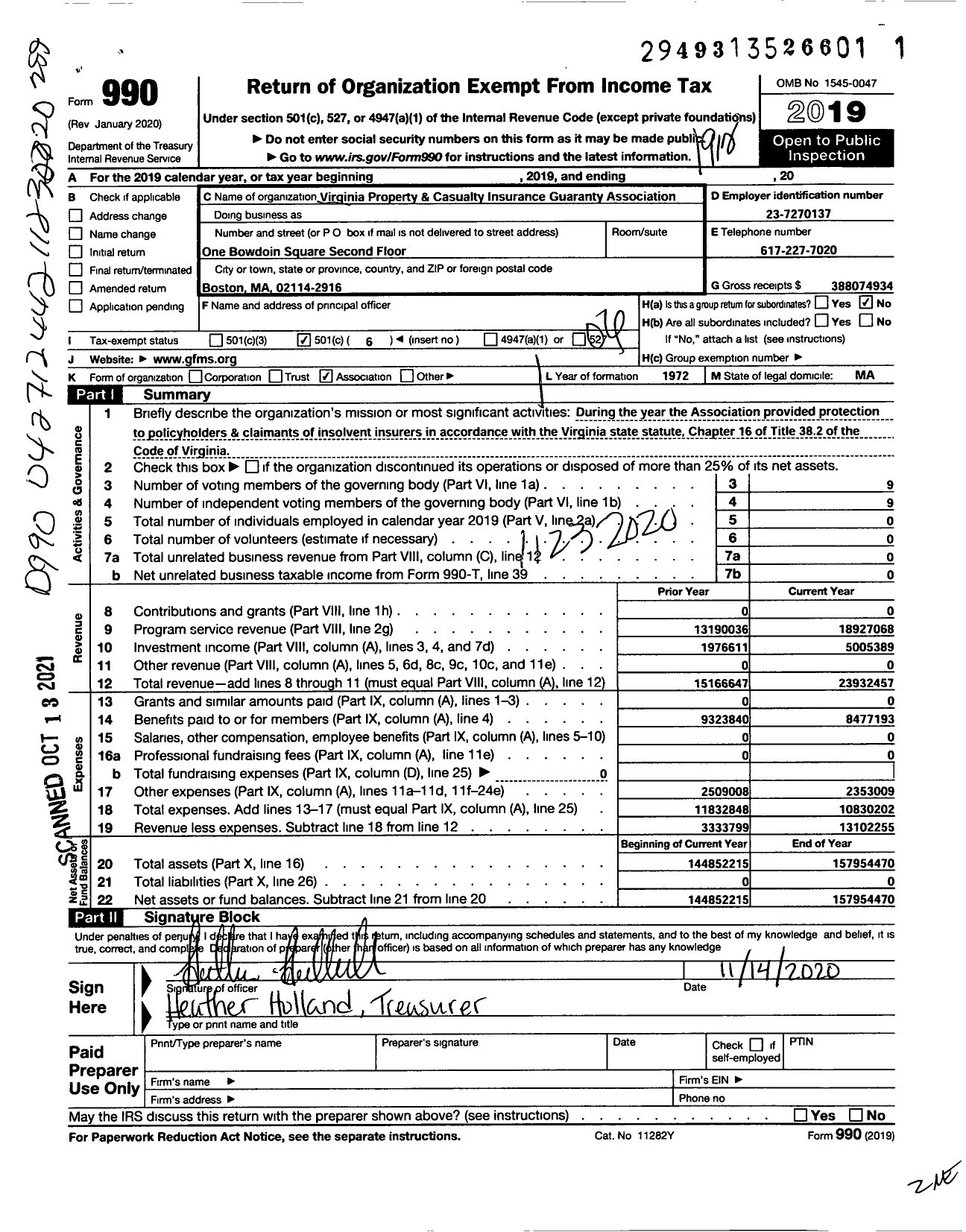 Image of first page of 2019 Form 990O for Virginia Property and Casualty Insurance Luaranty Association