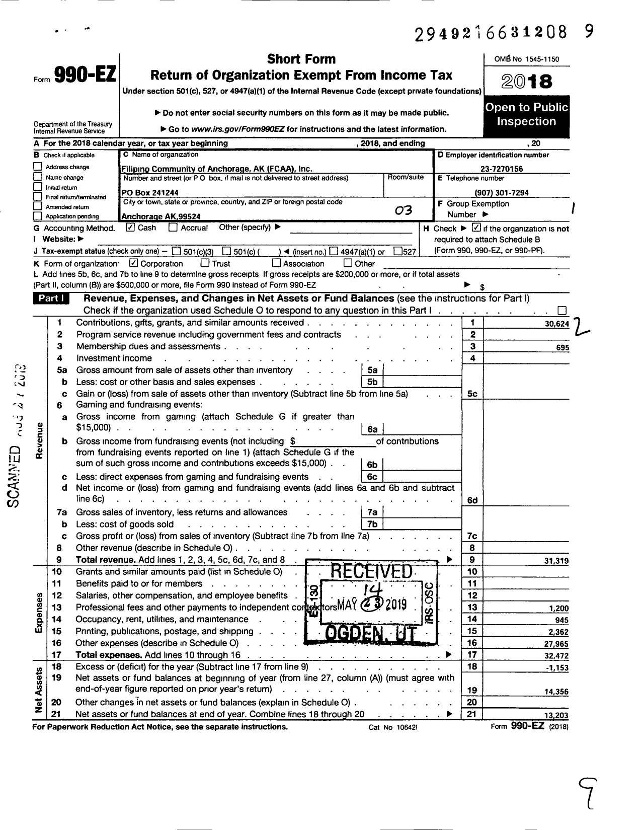 Image of first page of 2018 Form 990EZ for Filipino Community of Anchorage Alaska Incorporated