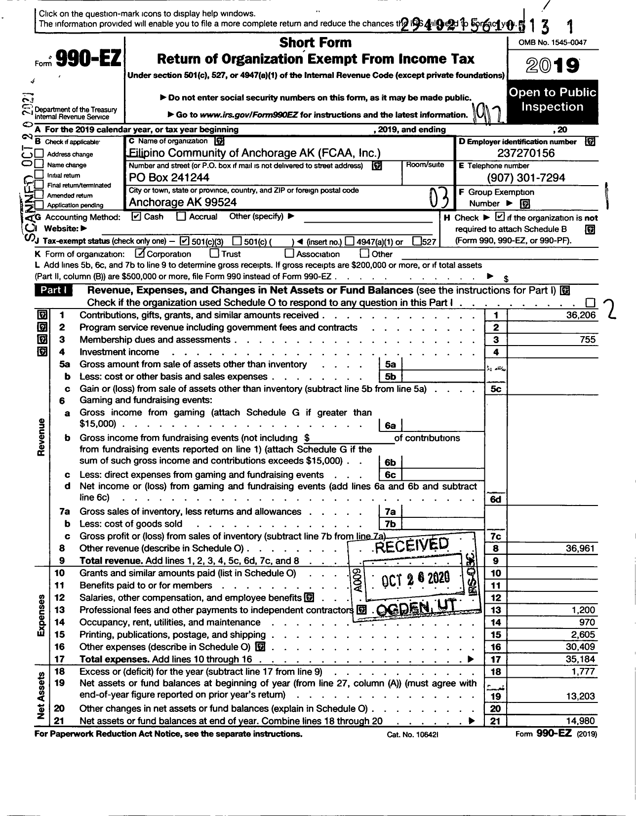 Image of first page of 2019 Form 990EZ for Filipino Community of Anchorage Alaska Incorporated