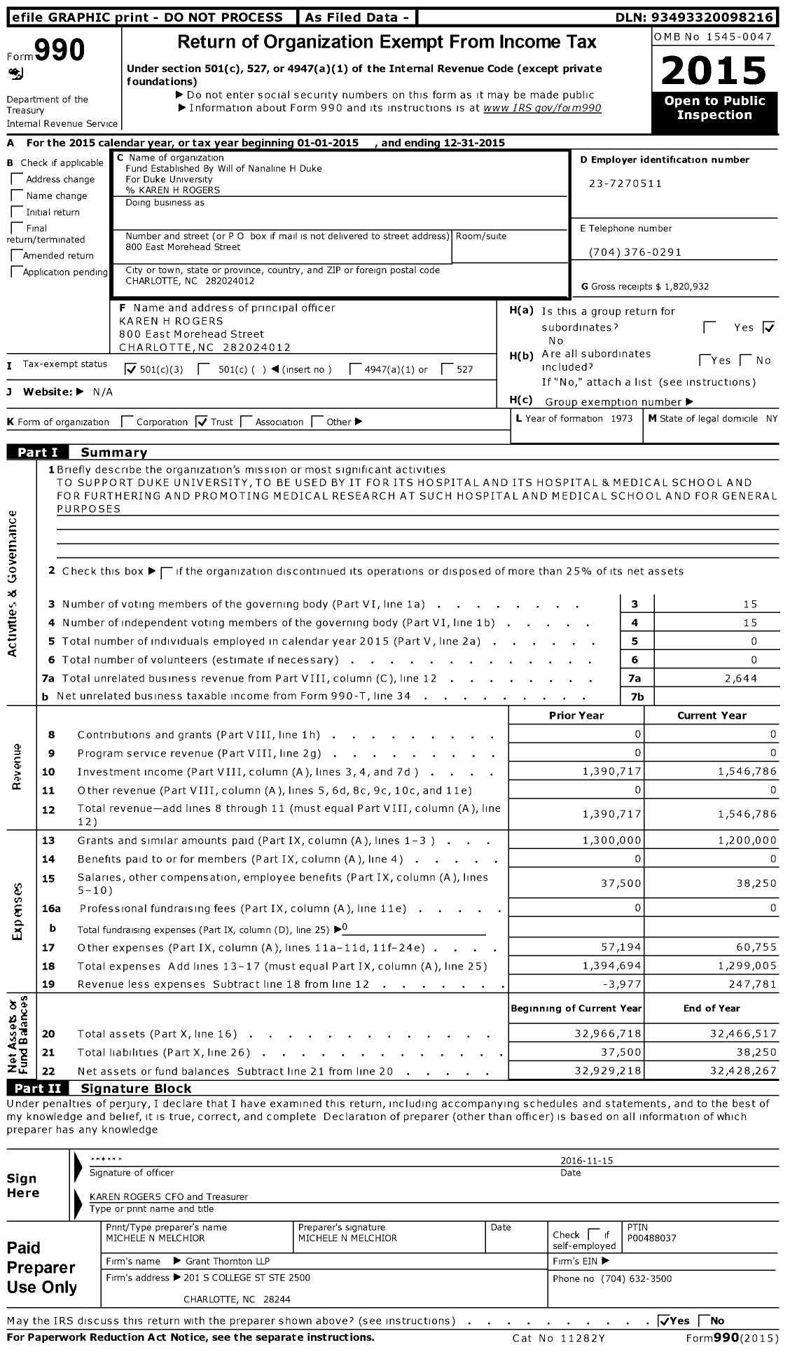 Image of first page of 2015 Form 990 for Fund Established By Will of Nanaline H Duke For Duke University