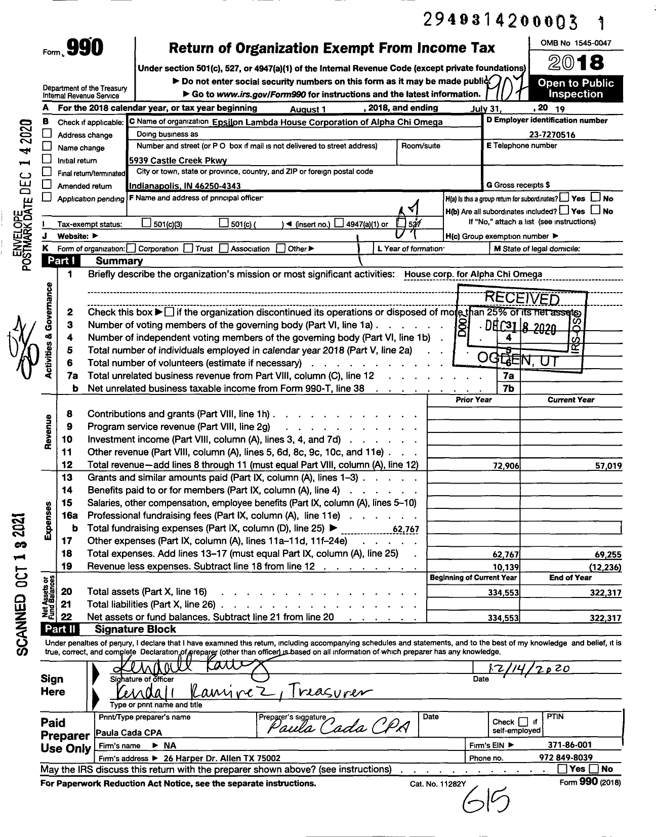 Image of first page of 2018 Form 990O for Epsilon Lambda House Corporation of Alpha Chi Omega