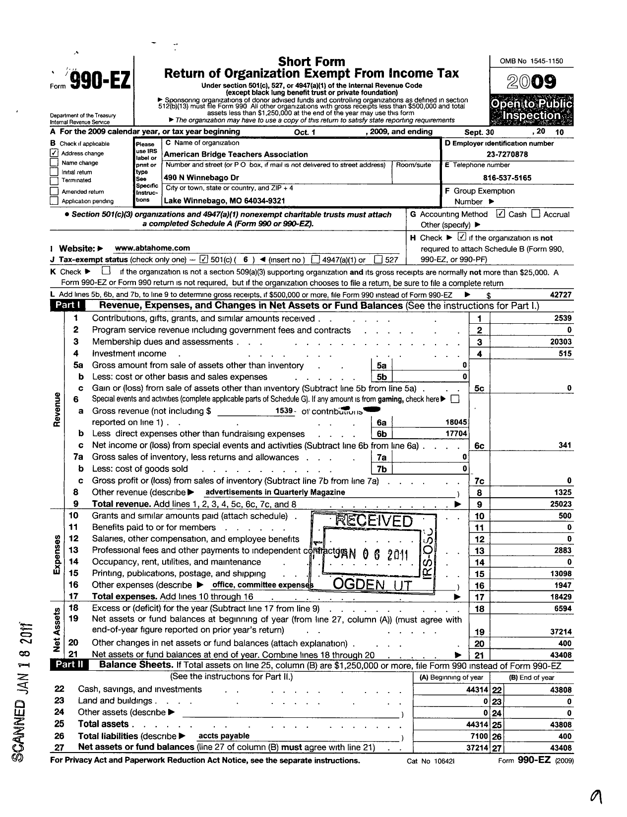 Image of first page of 2009 Form 990EO for American Bridge Teachers Association