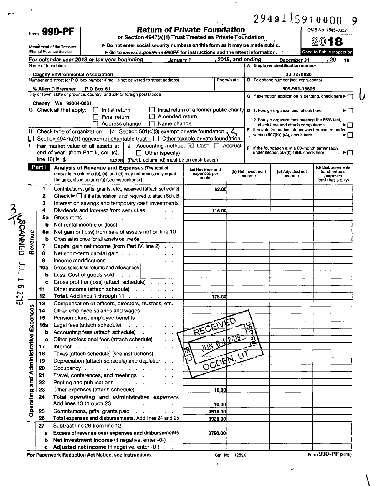 Image of first page of 2018 Form 990PF for Cheney Environmental Association