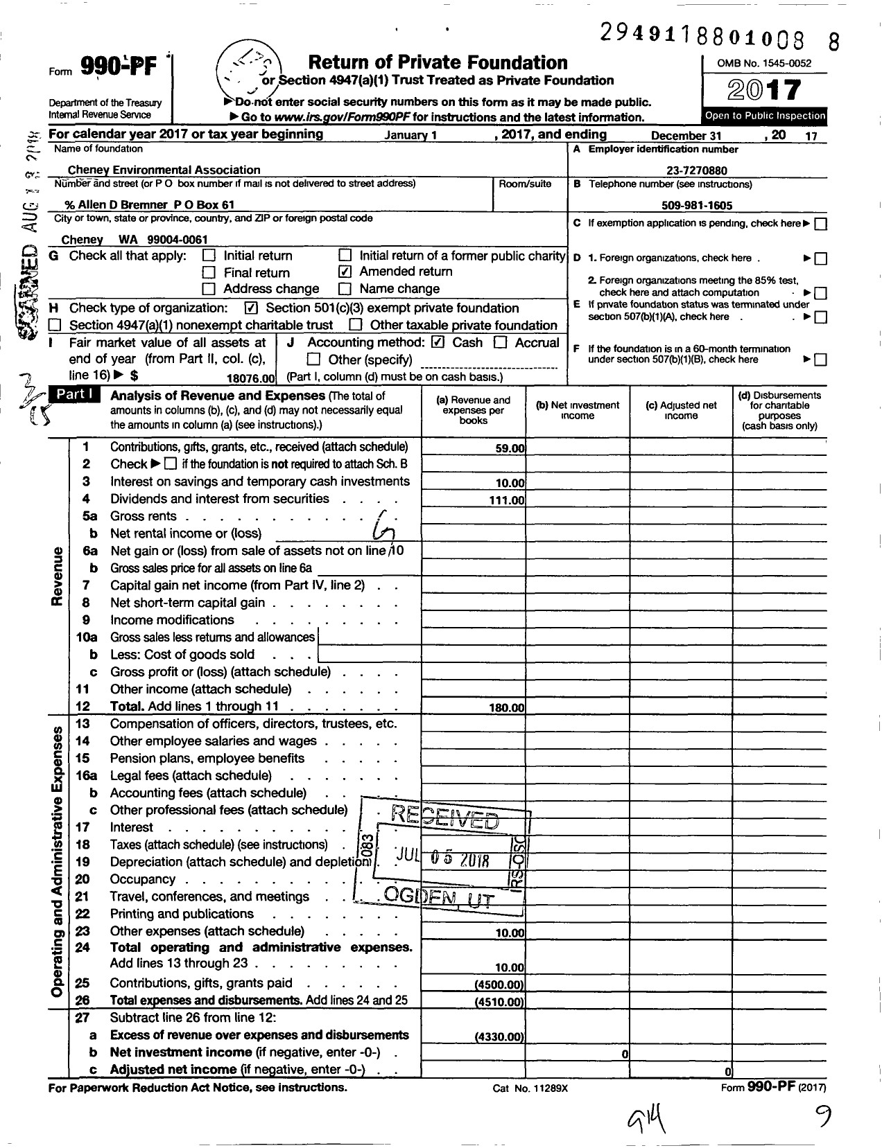 Image of first page of 2017 Form 990PF for Cheney Environmental Association