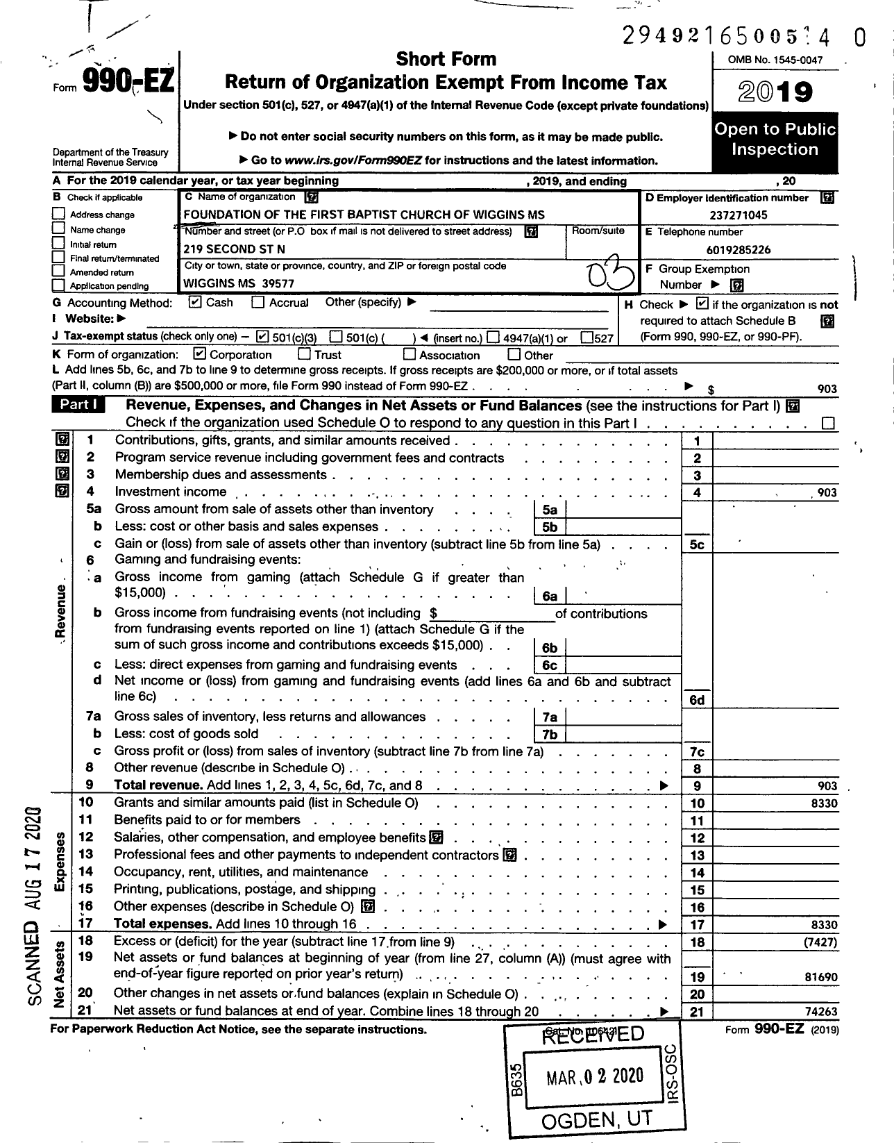 Image of first page of 2019 Form 990EZ for Foundation of the First Baptist Church of Wiggins Mississippi