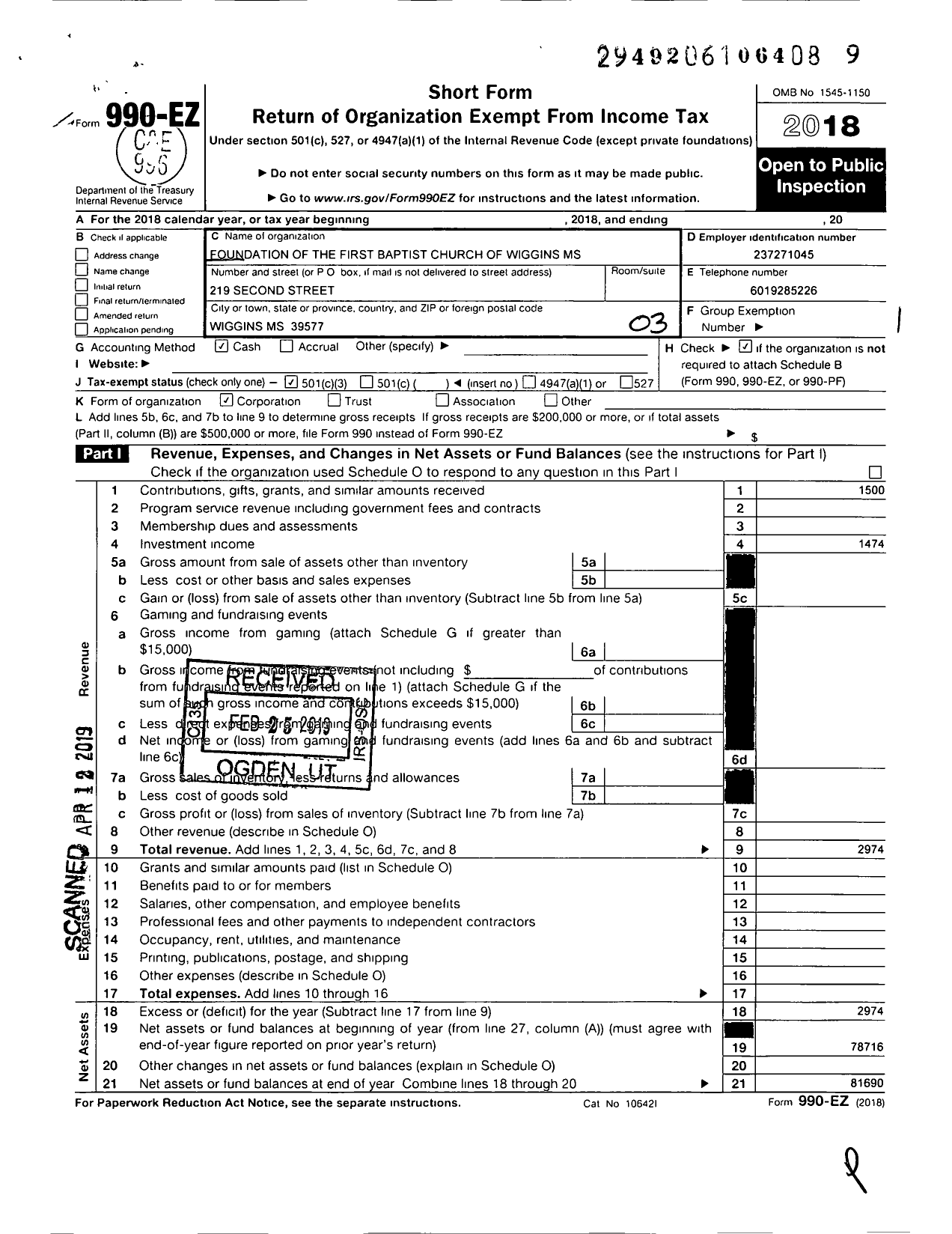 Image of first page of 2018 Form 990EZ for Foundation of the First Baptist Church of Wiggins Mississippi