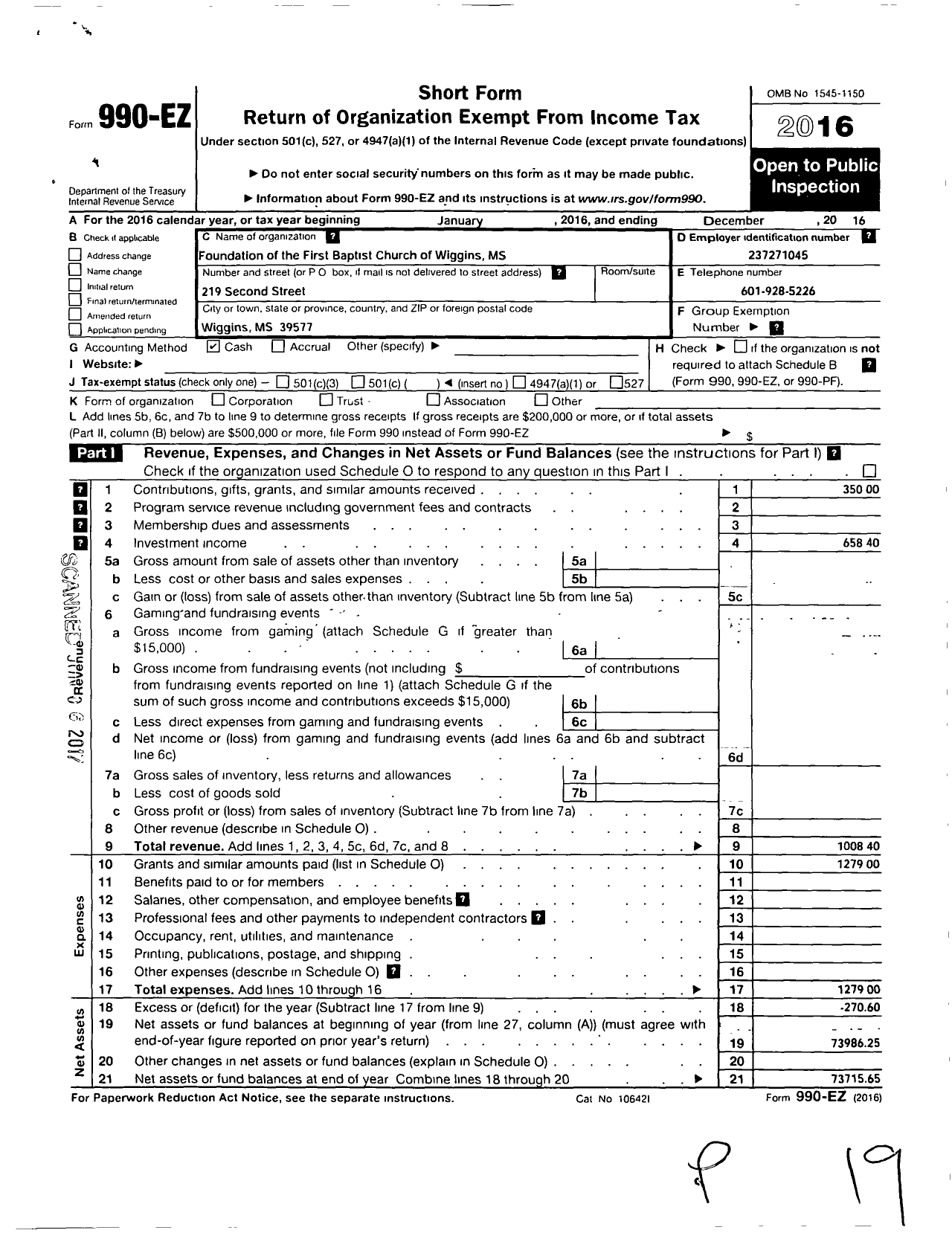 Image of first page of 2016 Form 990EO for Foundation of the First Baptist Church of Wiggins Mississippi