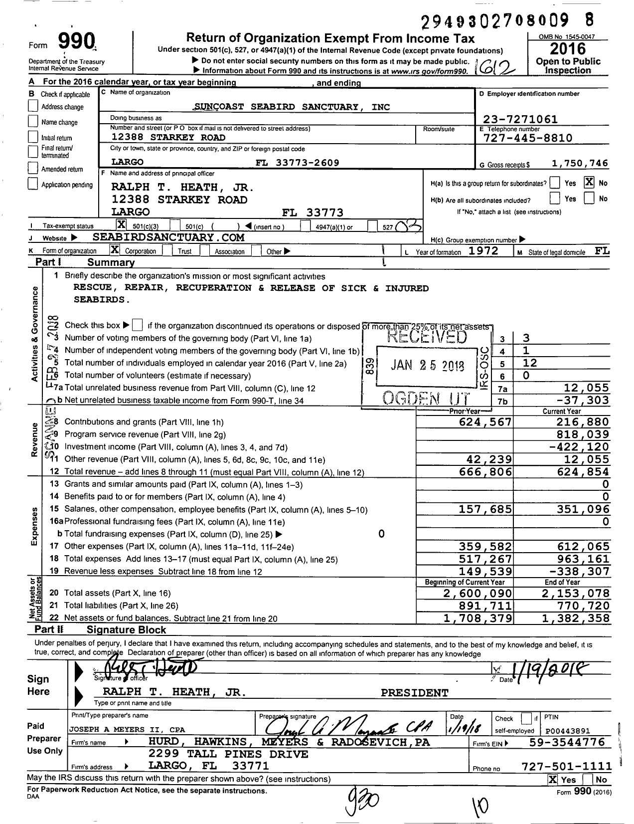 Image of first page of 2016 Form 990 for Suncoast Seabird Sanctuary