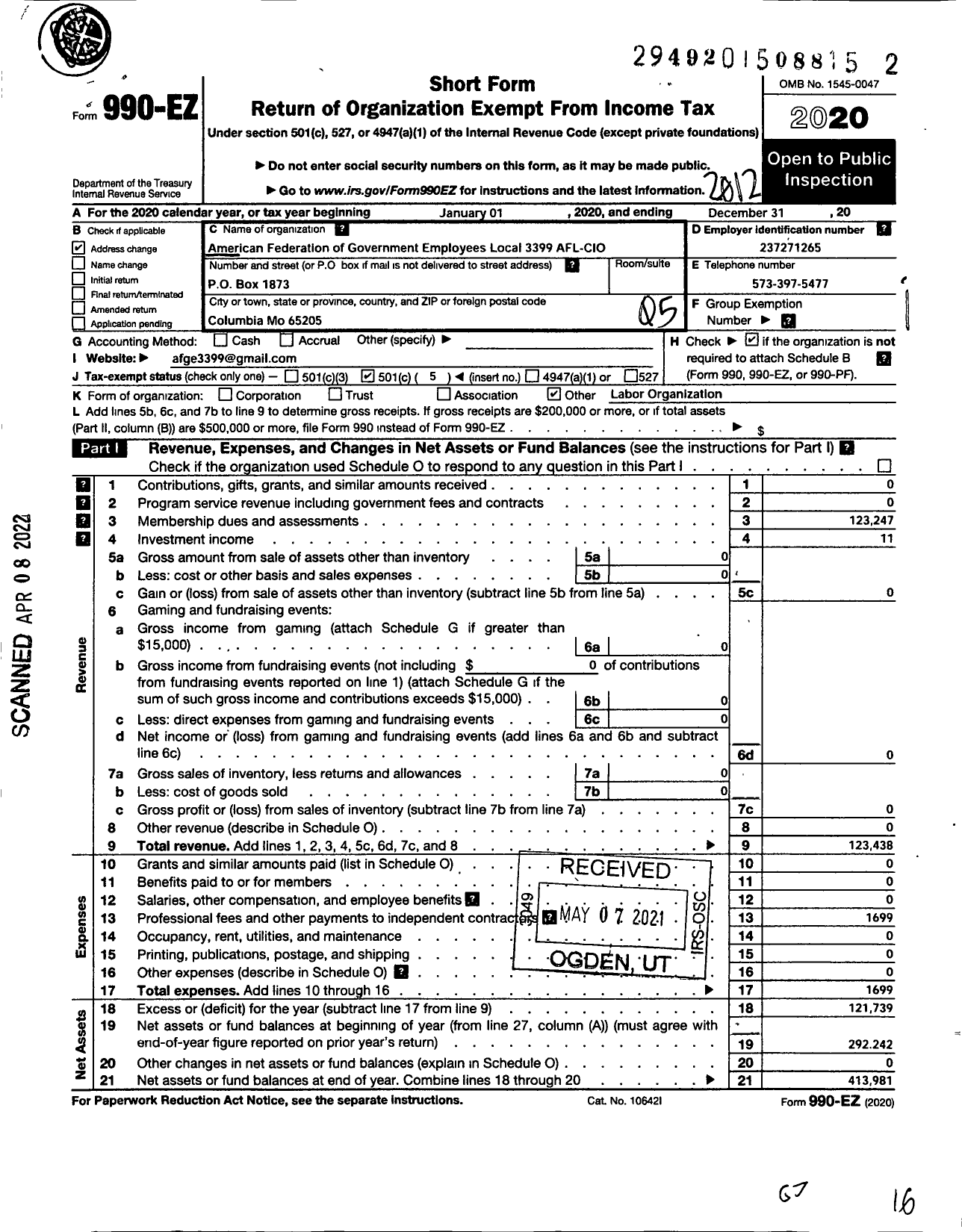 Image of first page of 2020 Form 990EO for AMERICAN FEDERATION OF GOVERNMENT EMPLOYEES - 3399 LOCAL AFGE Va