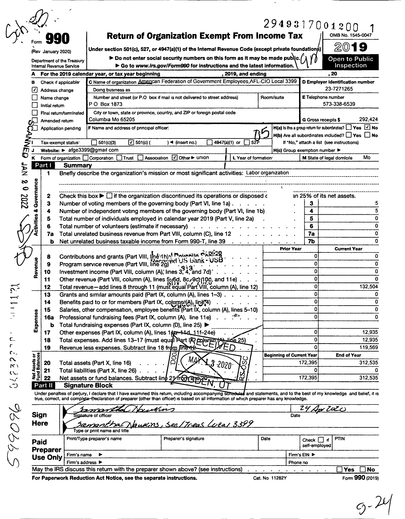 Image of first page of 2019 Form 990O for AMERICAN FEDERATION OF GOVERNMENT EMPLOYEES - 3399 LOCAL AFGE Va